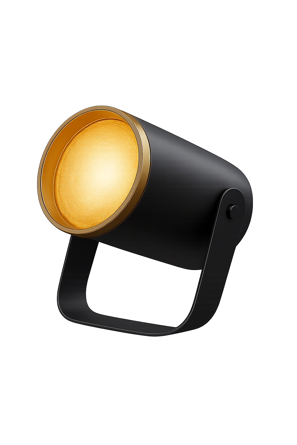 Schwarzer Spot mit goldenem Ring und warmem Licht, auf weißem Grund.