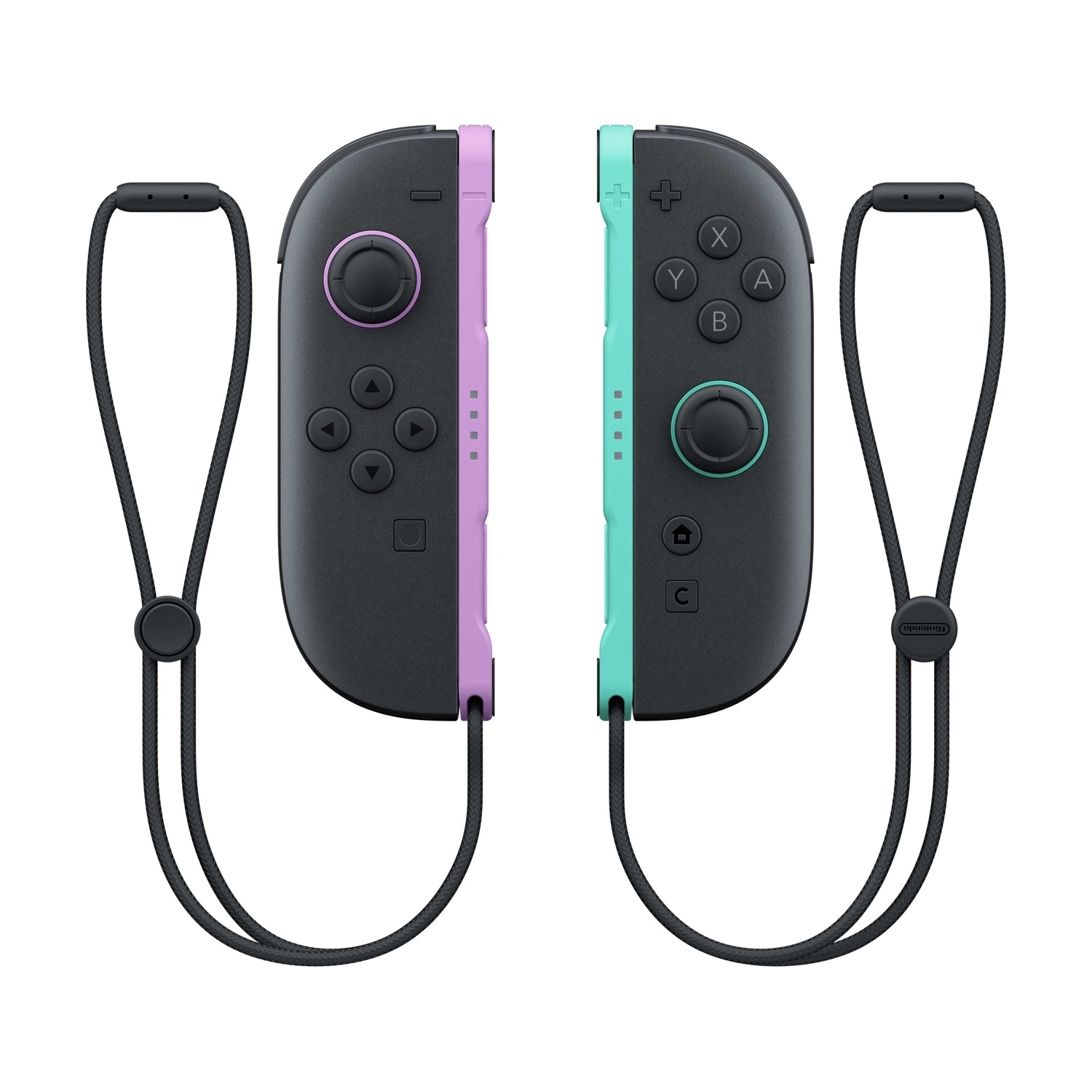 Due controller Joy-Con Nintendo Switch, uno viola, uno turchese, con cinturini neri.