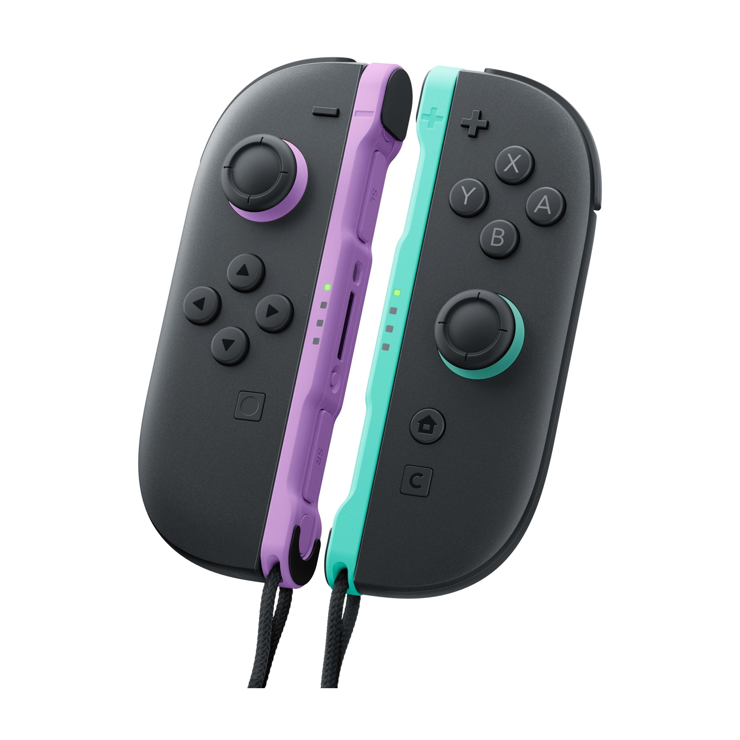 Due controller Joy-Con Nintendo Switch, viola e turchese, su sfondo bianco.