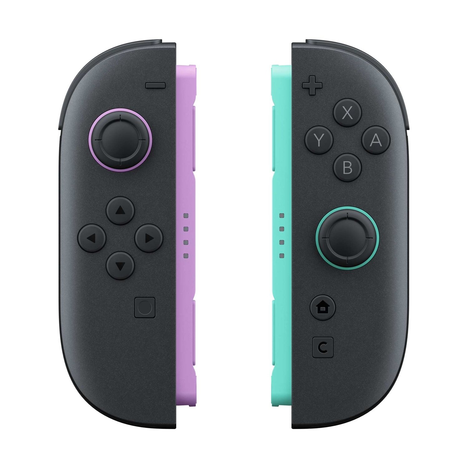 Due controller Joy-Con, sinistra viola, destra verde acqua, con pulsanti neri.