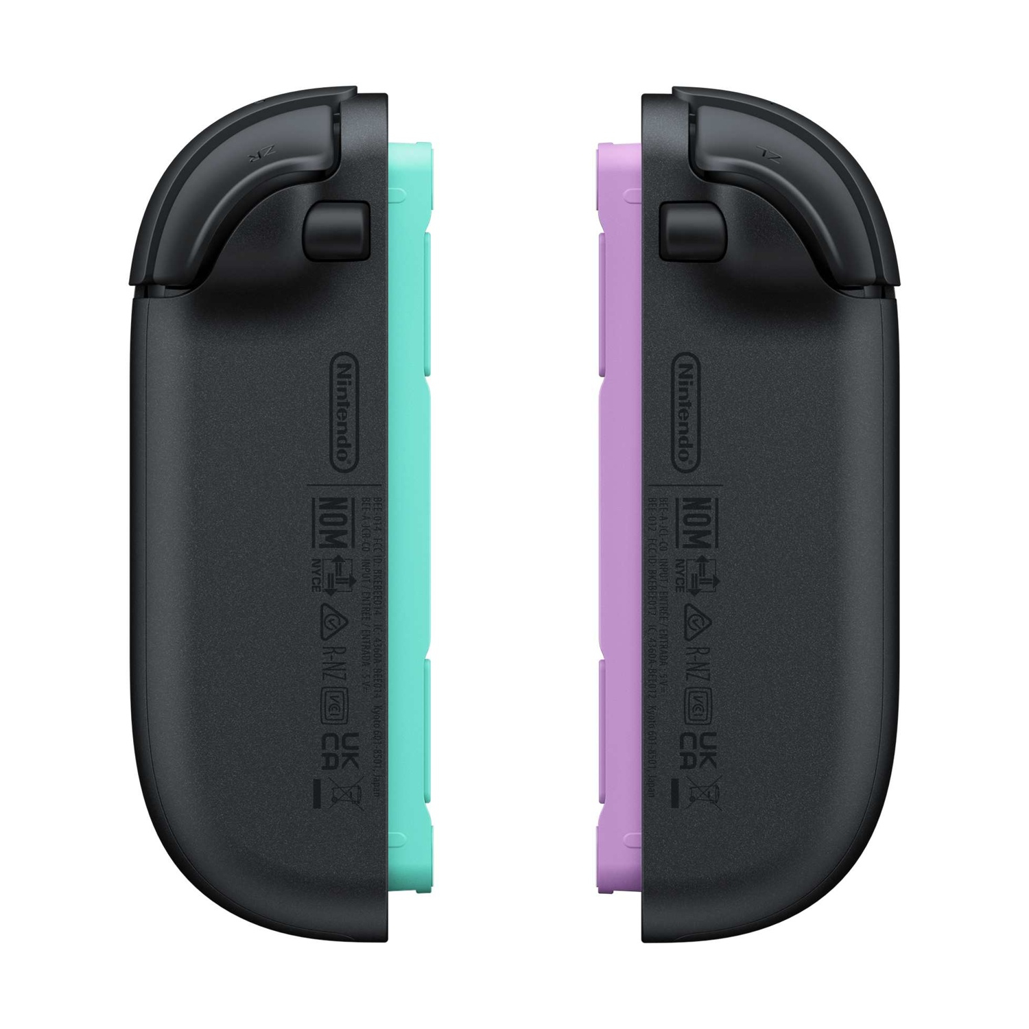Due controller Nintendo Switch Joy-Con neri con accenti verde menta e viola.