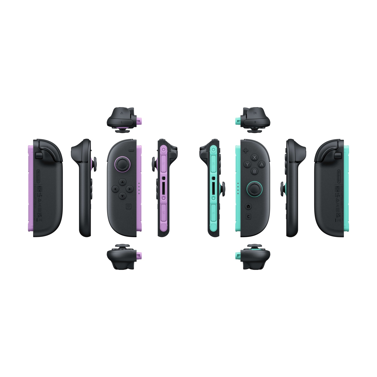 Tre controller Joy-Con Nintendo Switch neri con accenti viola e turchese.