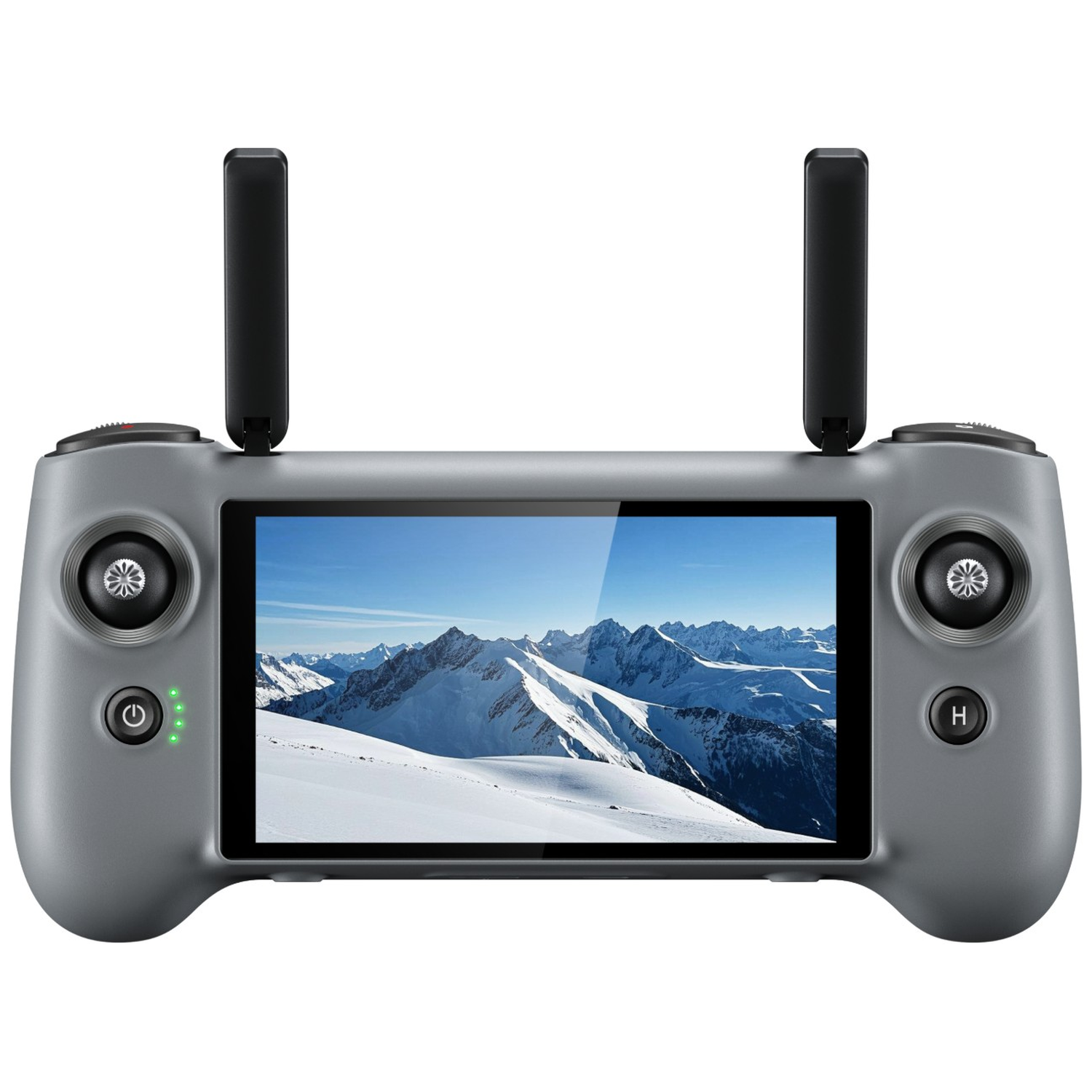 Grijze controller met scherm dat besneeuwde bergen toont. Twee antennes steken omhoog.