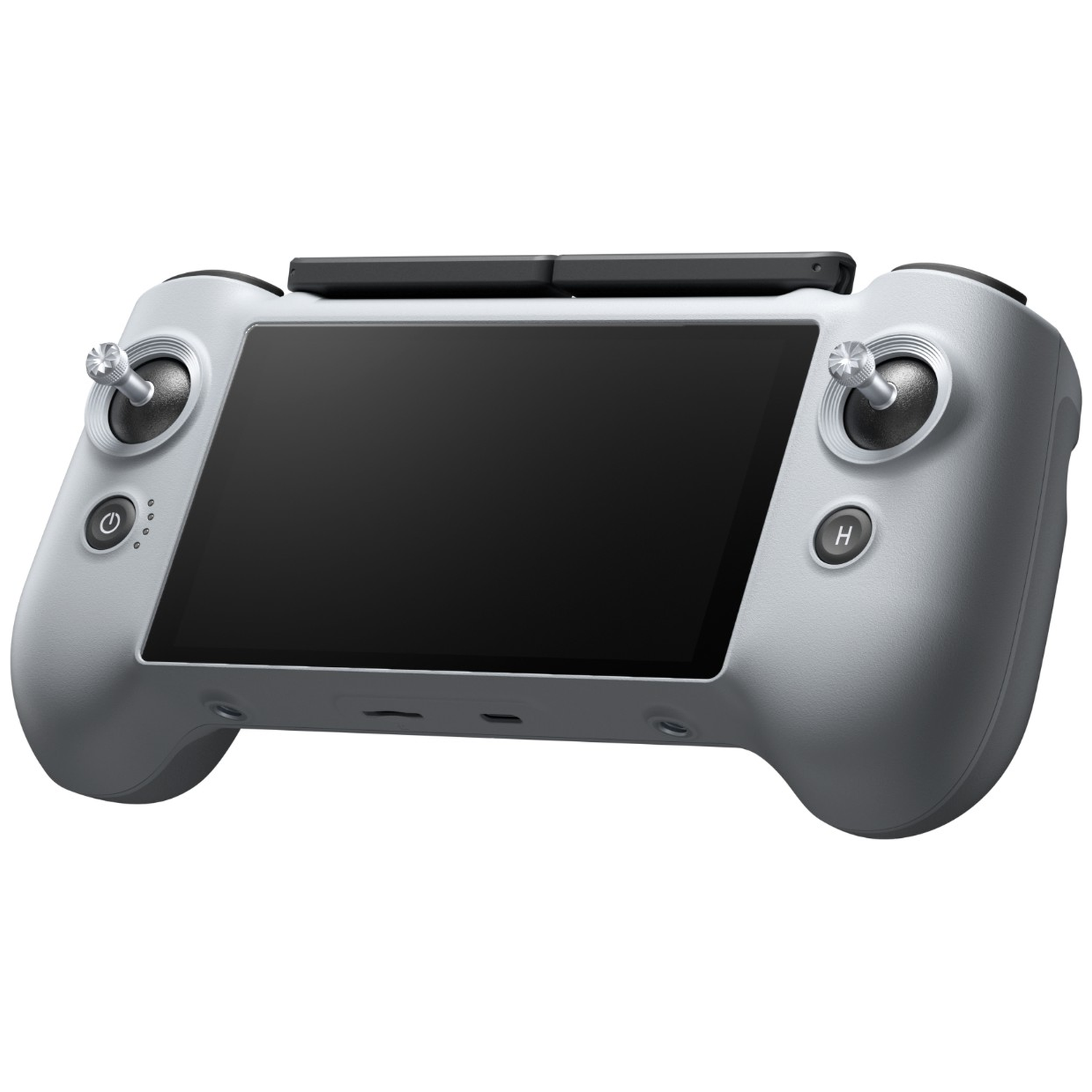 Een grijze dronecontroller met een zwart scherm en joysticks.