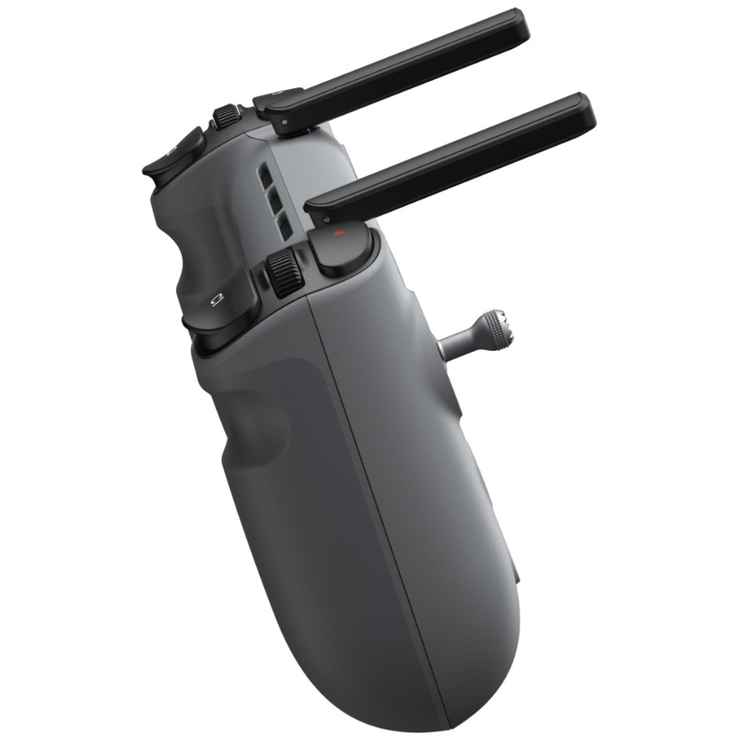 Grijze dronecontroller met twee antennes en knoppen.