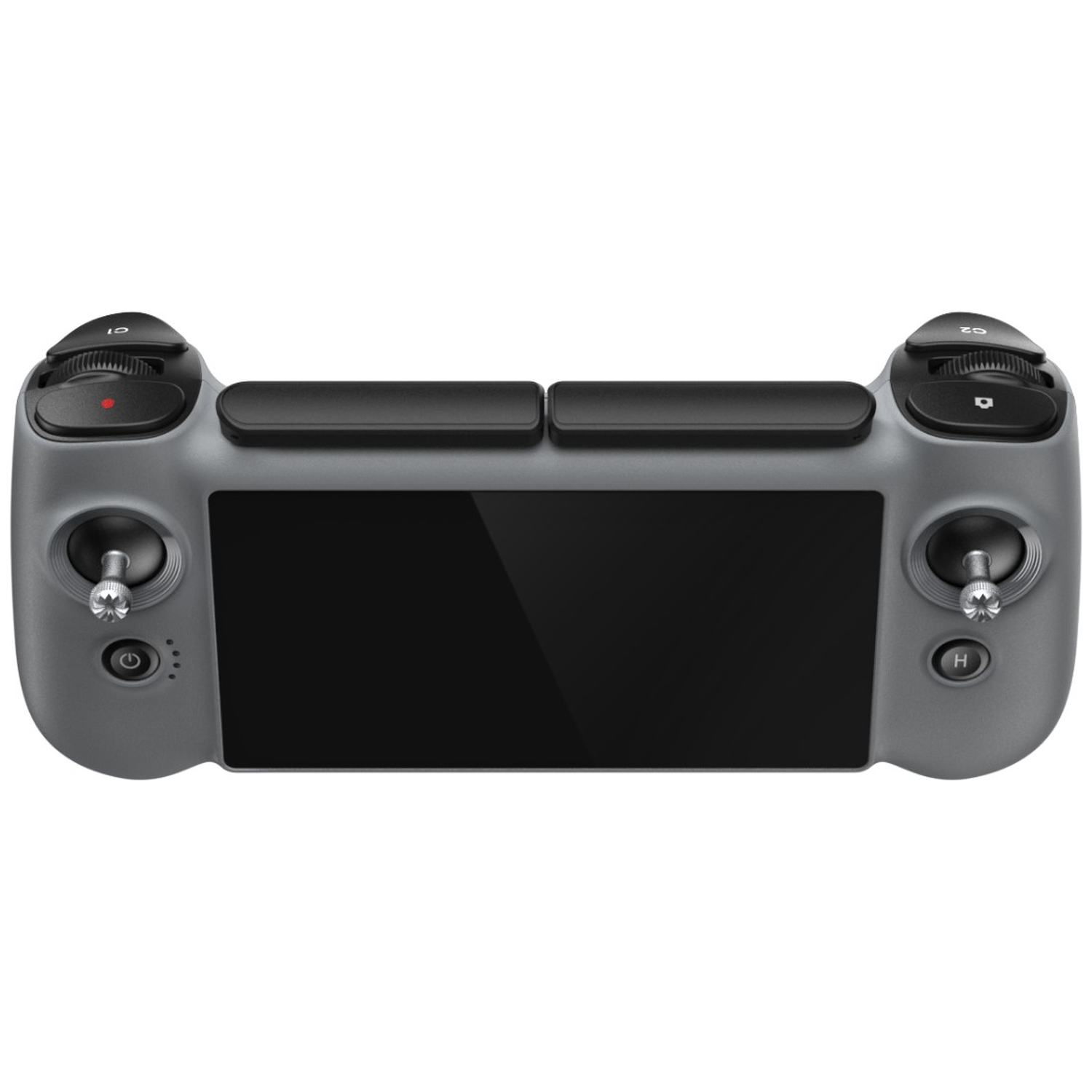 Grijze controller met scherm, joysticks en knoppen.