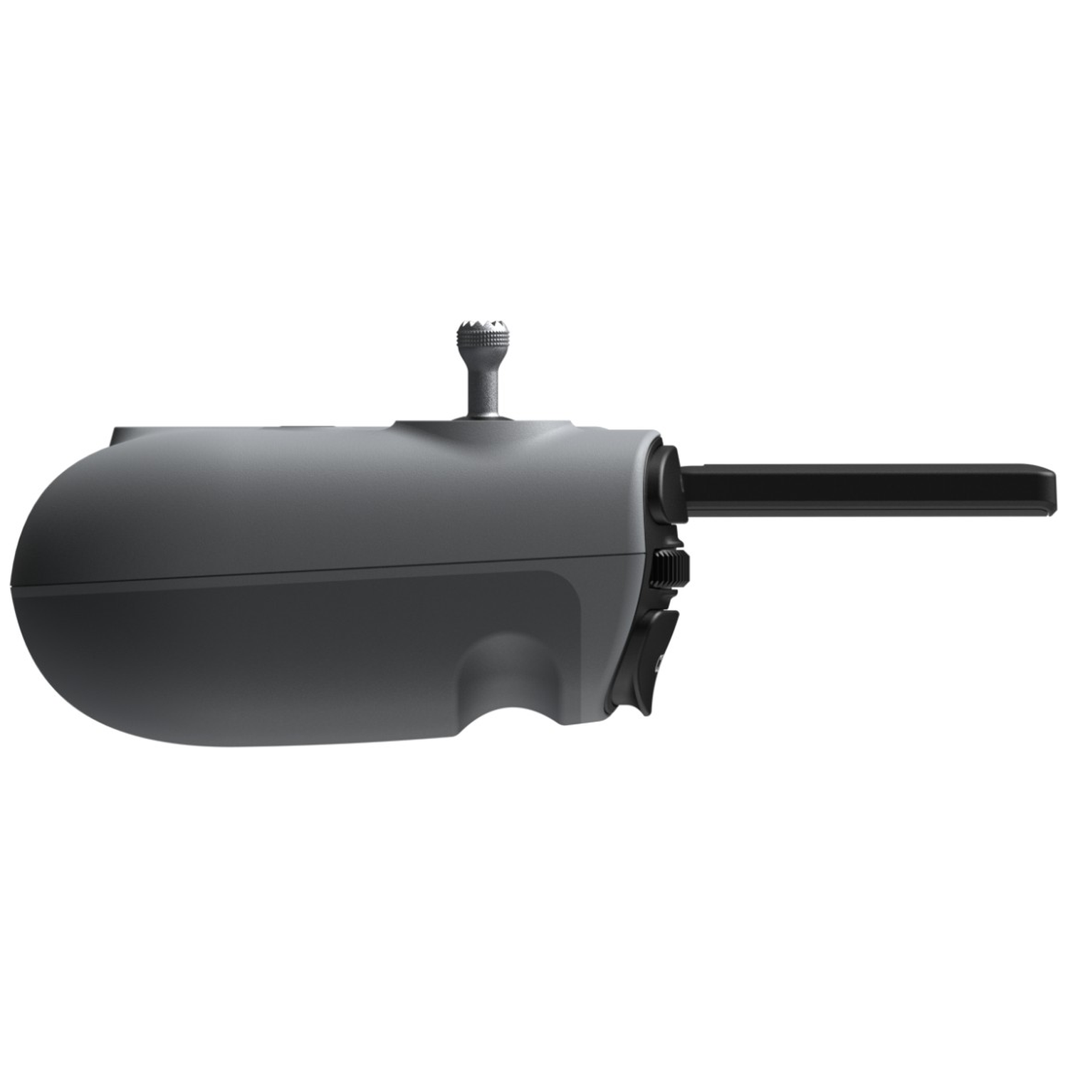 Grijs apparaat met zwarte antenne en knoppen.