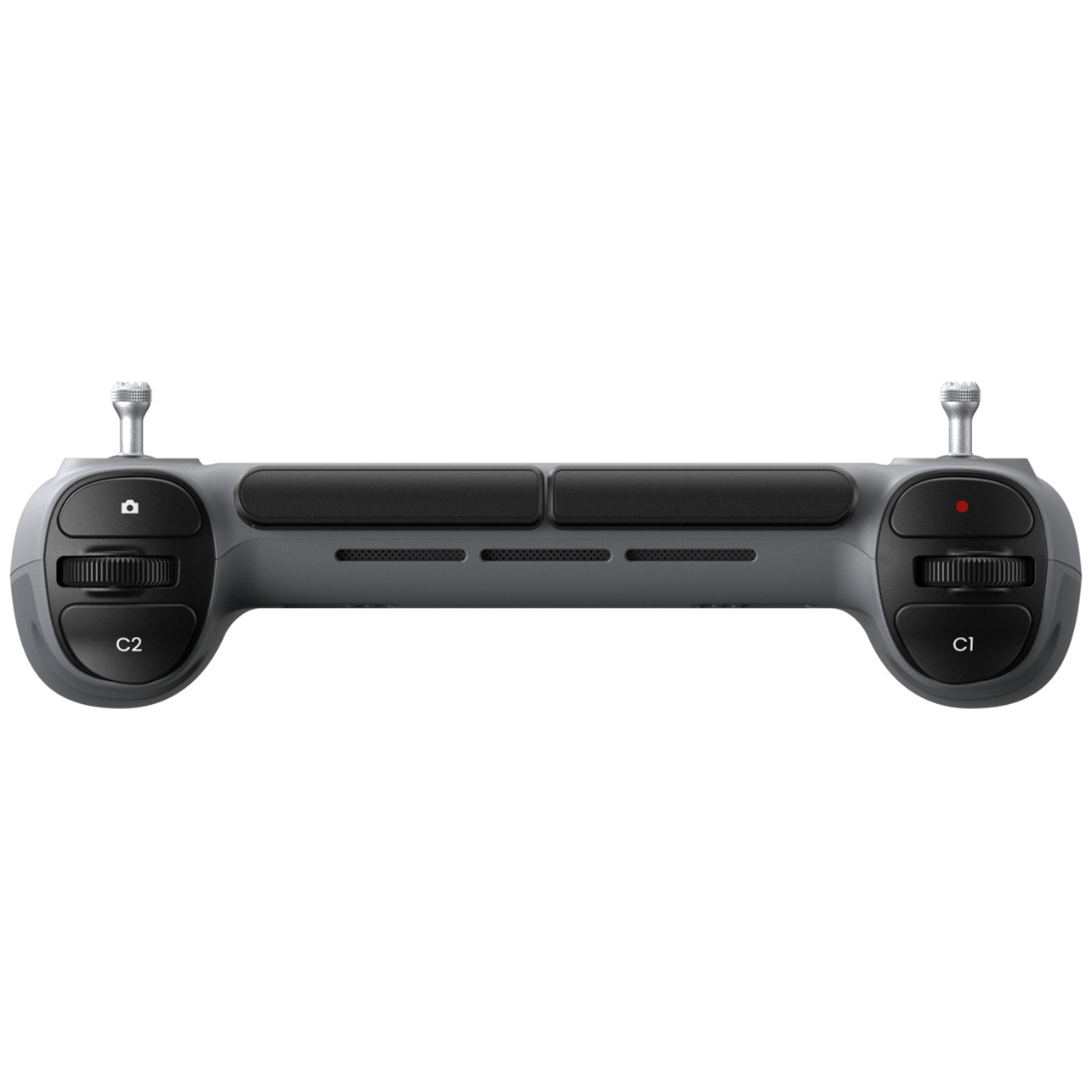 Grijze dronecontroller met twee joysticks en knoppen.