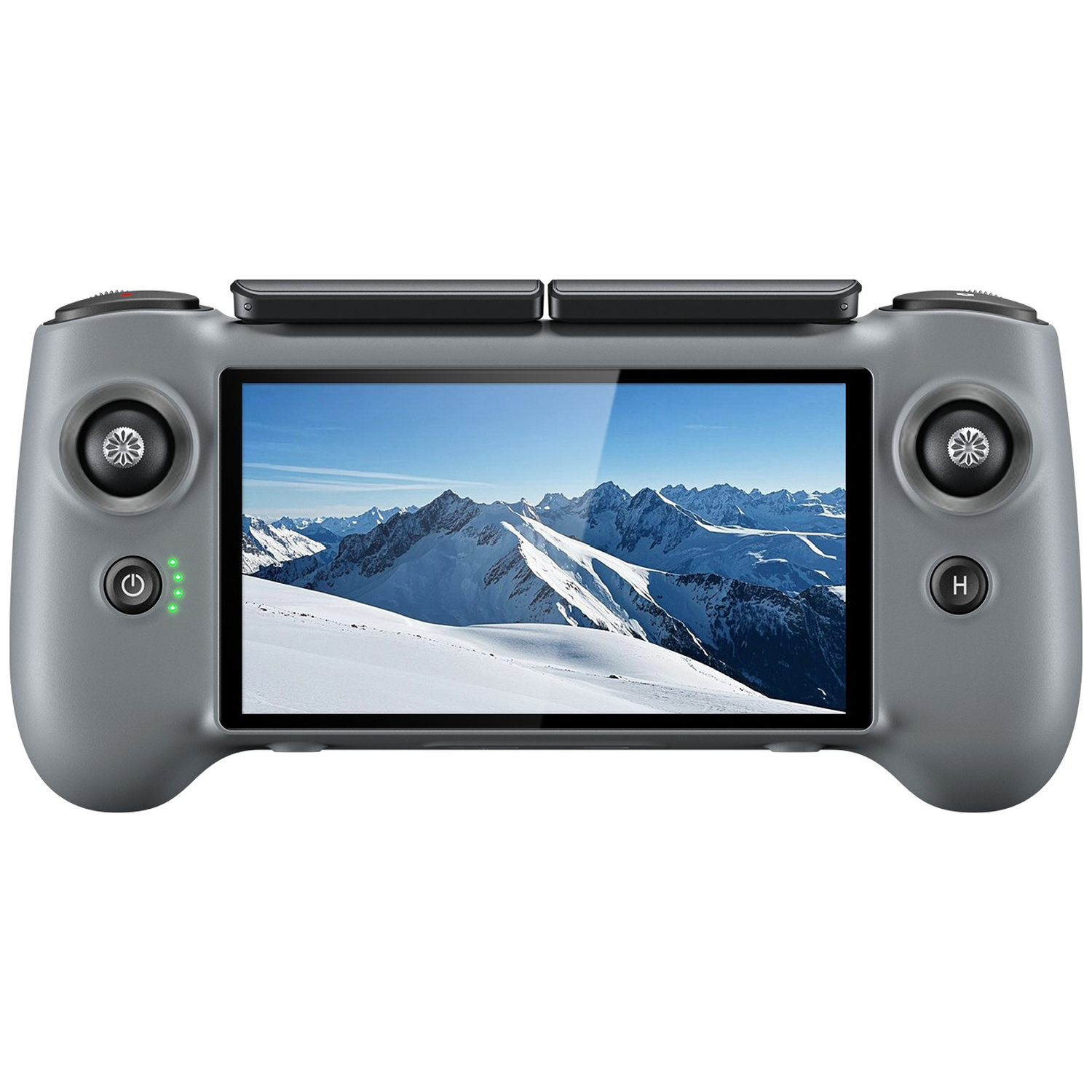 Grijze dronecontroller met besneeuwd berglandschap op het scherm.