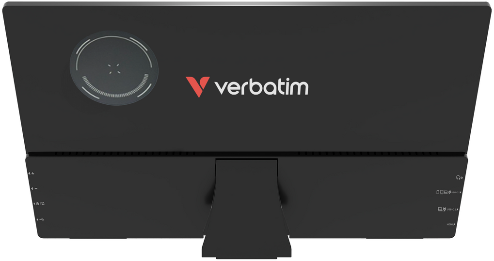 Arrière d'un moniteur noir avec logo Verbatim et ports.