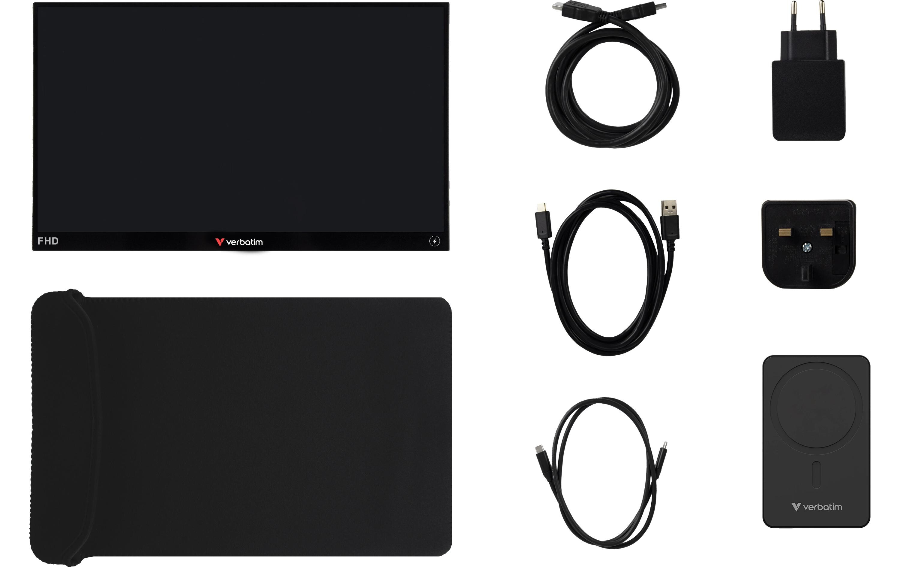 Un moniteur noir, un tapis noir, trois câbles, un adaptateur secteur et un chargeur.