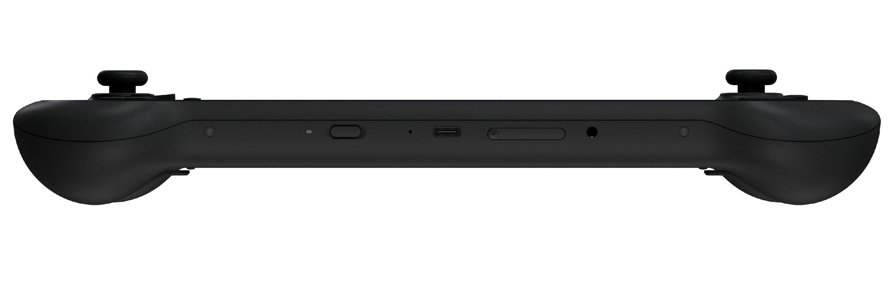 Czarny kontroler z dwoma joystickami, portem USB-C i przyciskami.