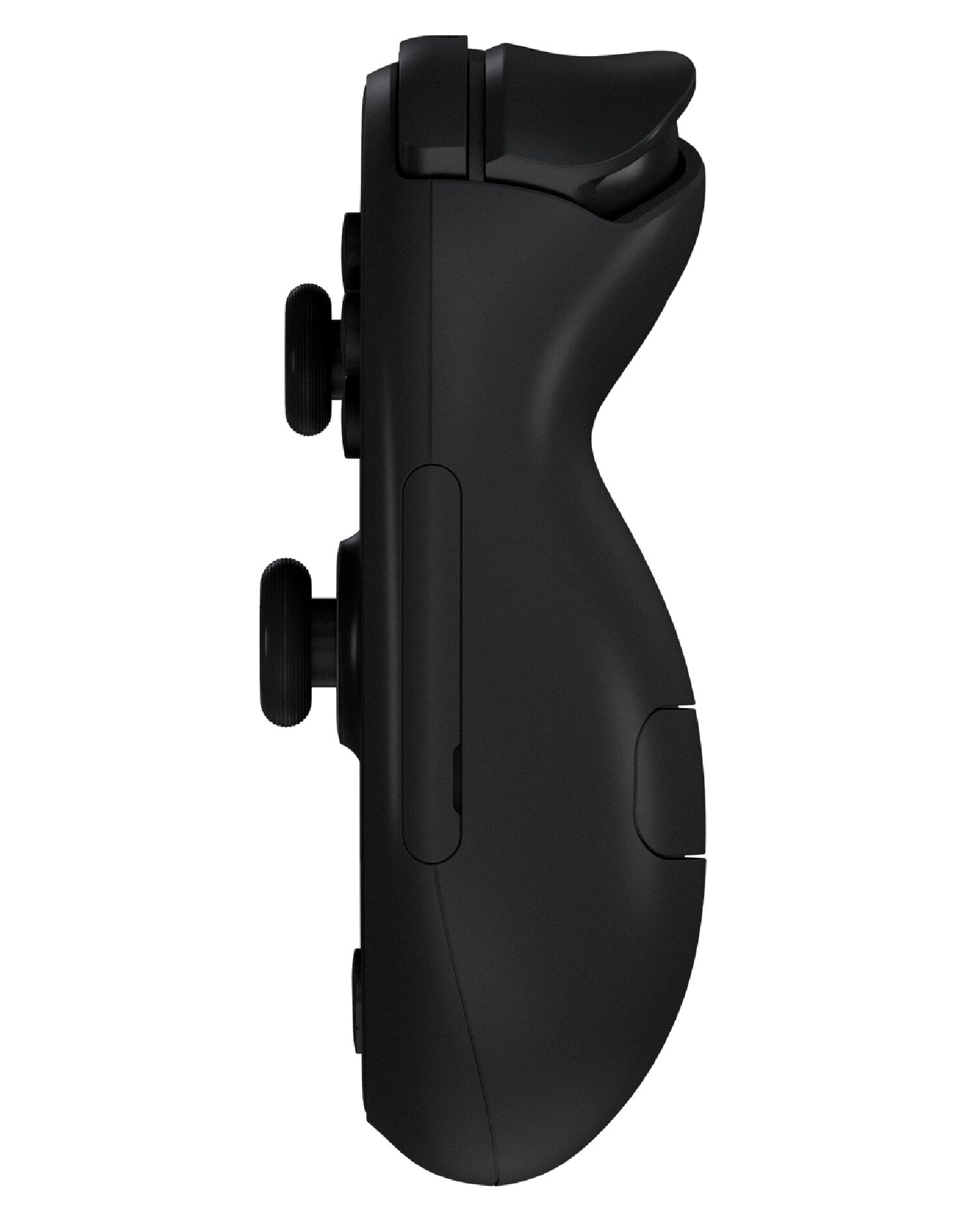 Czarny kontroler do gier z boku, pokazujący przyciski i joysticki.