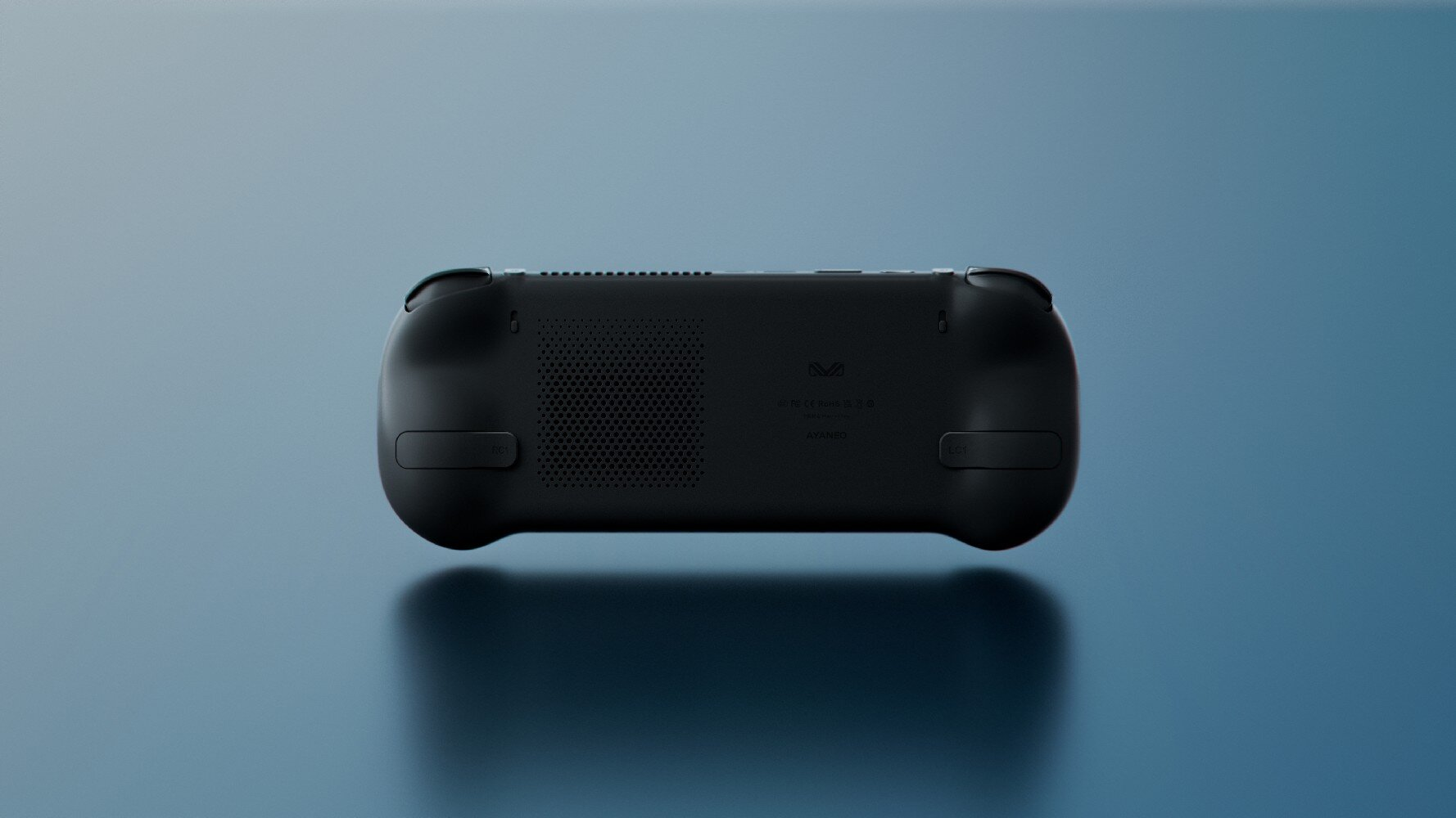 Tył czarnego komputera podręcznego z otworami wentylacyjnymi i przyciskami.