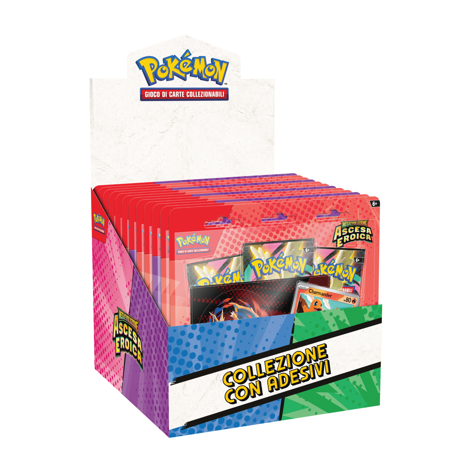 Una scatola di gioco di carte collezionabili Pokémon con più pacchetti e adesivi.