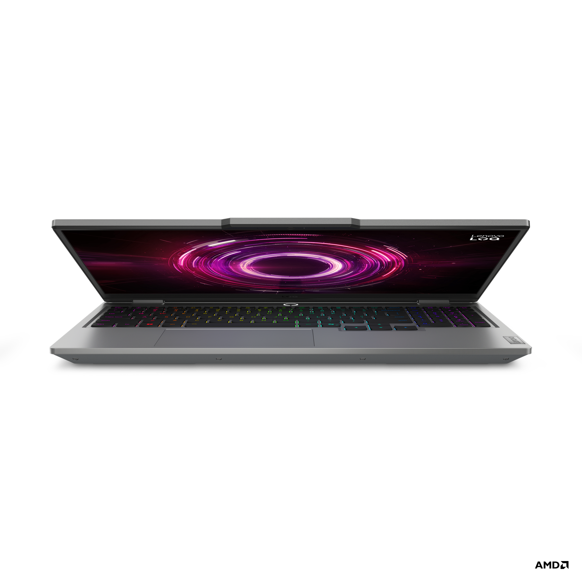 Ein geöffneter silberner Laptop mit beleuchteter Tastatur und einem lila Muster auf dem Bildschirm.