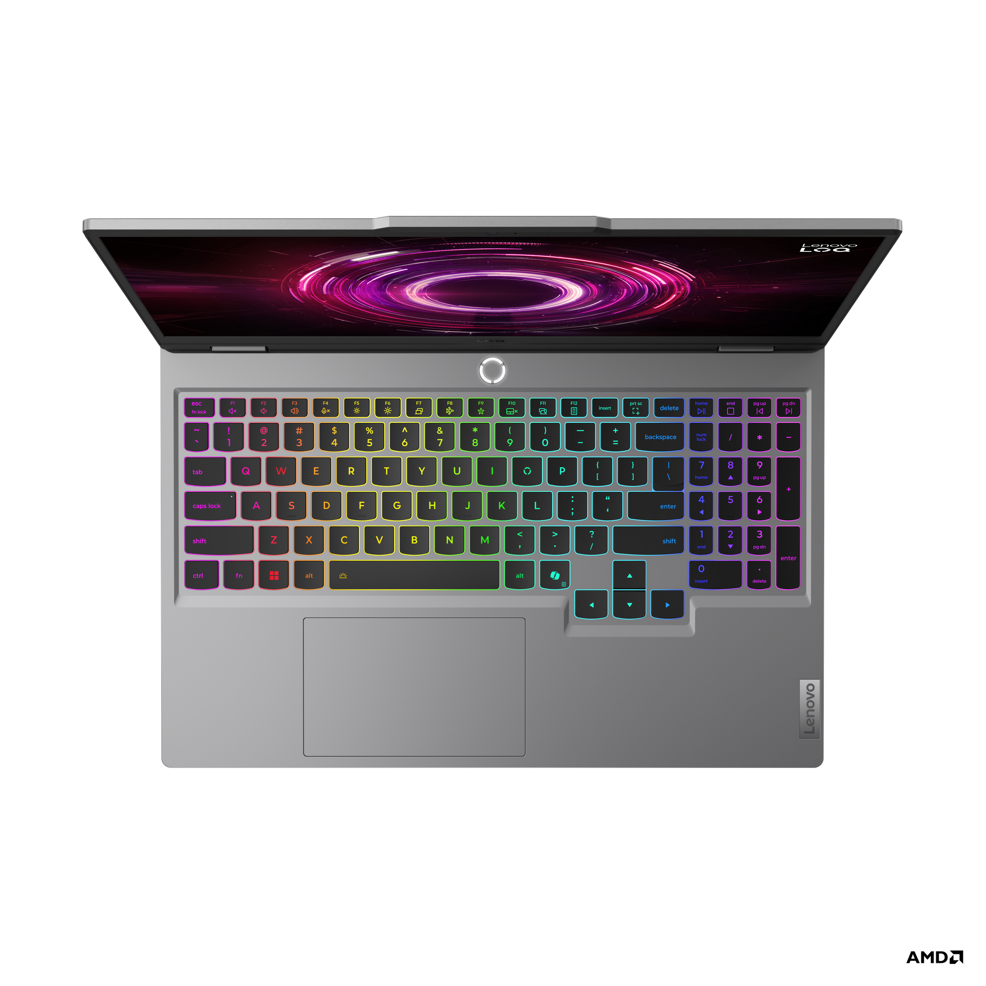 Ein offener silberner Laptop mit einer Tastatur mit bunter Hintergrundbeleuchtung.