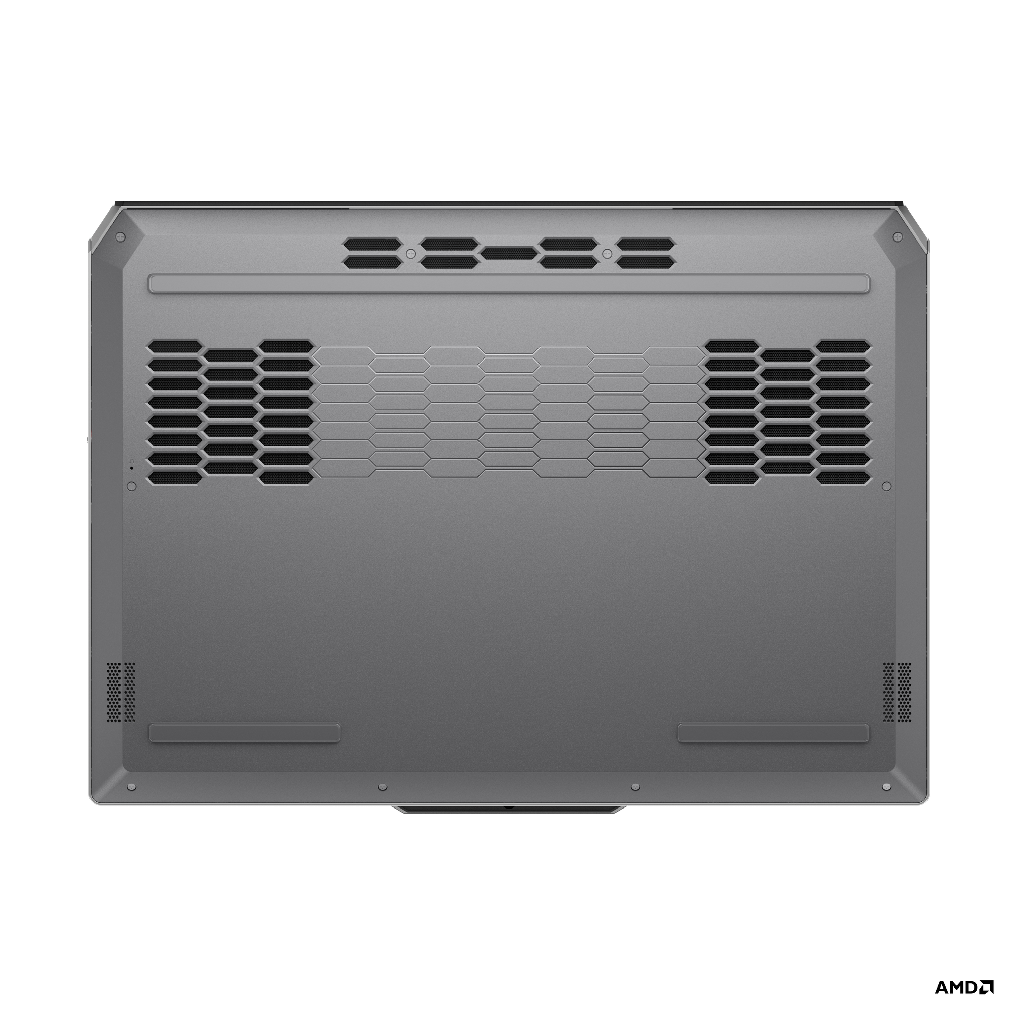 Unterseite eines grauen Laptops mit Lüftungsschlitzen und Wabenmuster.