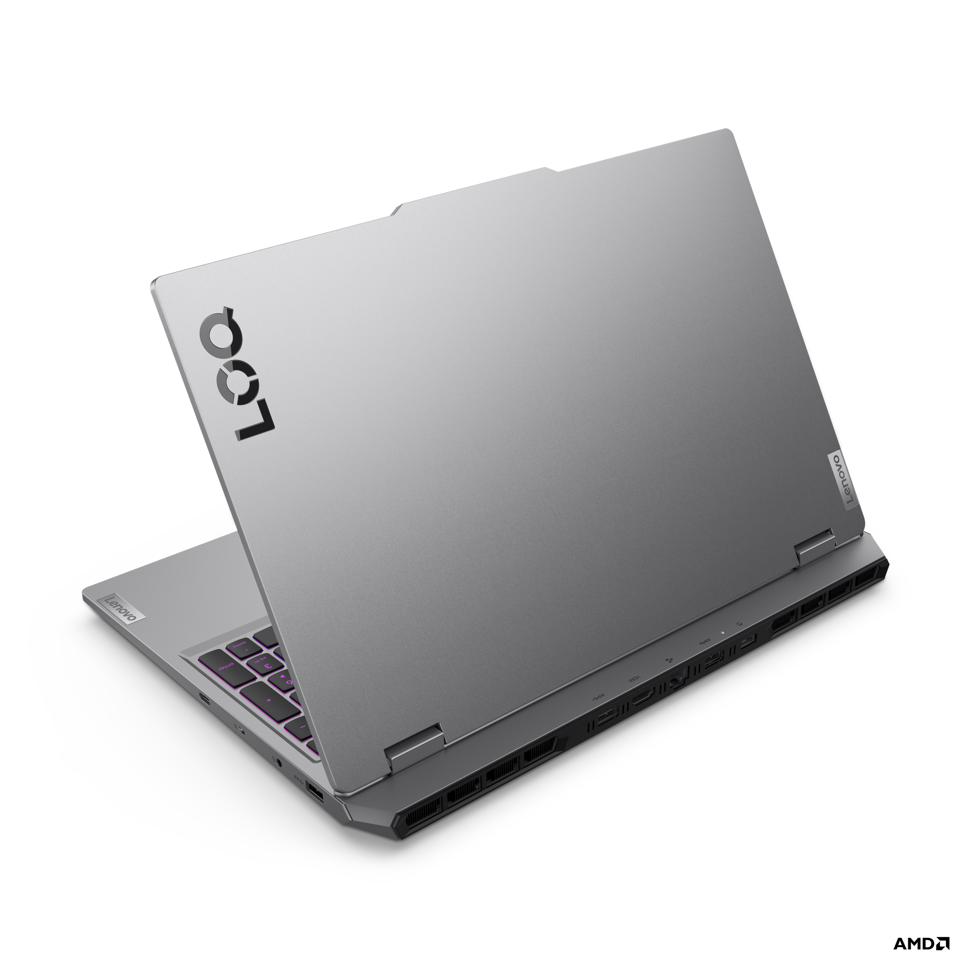 Grauer Laptop mit beleuchteter Tastatur und Logo auf dem Deckel.