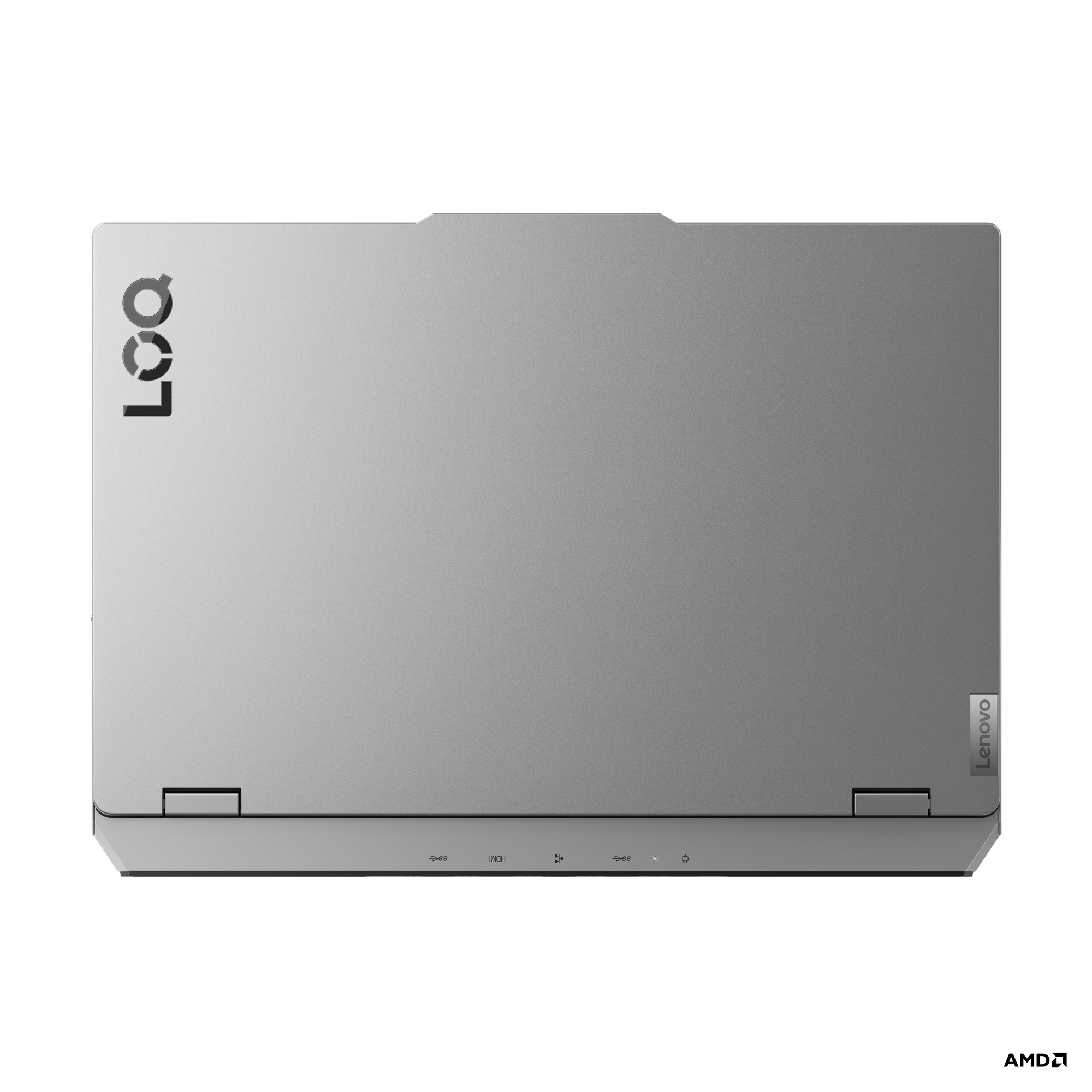 Geschlossener silberner Laptop mit LOQ-Logo und Lenovo-Schriftzug.