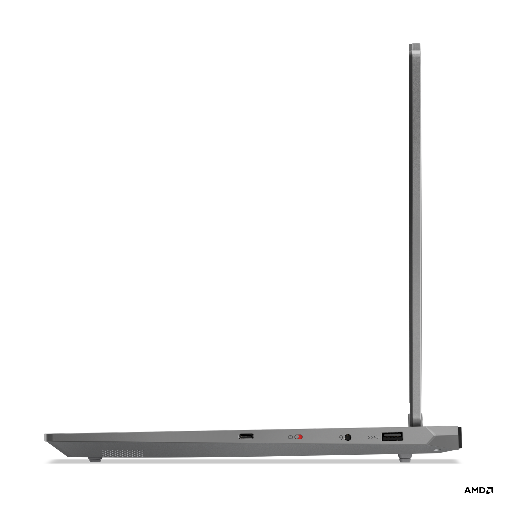Grauer Laptop von der Seite, mit Anschlüssen und Lüftungsschlitzen.
