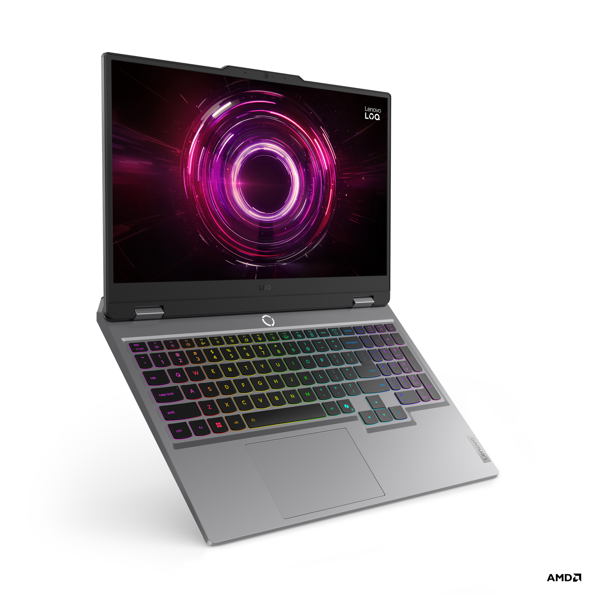 Ein geöffneter grauer Lenovo Laptop mit beleuchteter Tastatur und einem abstrakten Bildschirmhintergrund.
