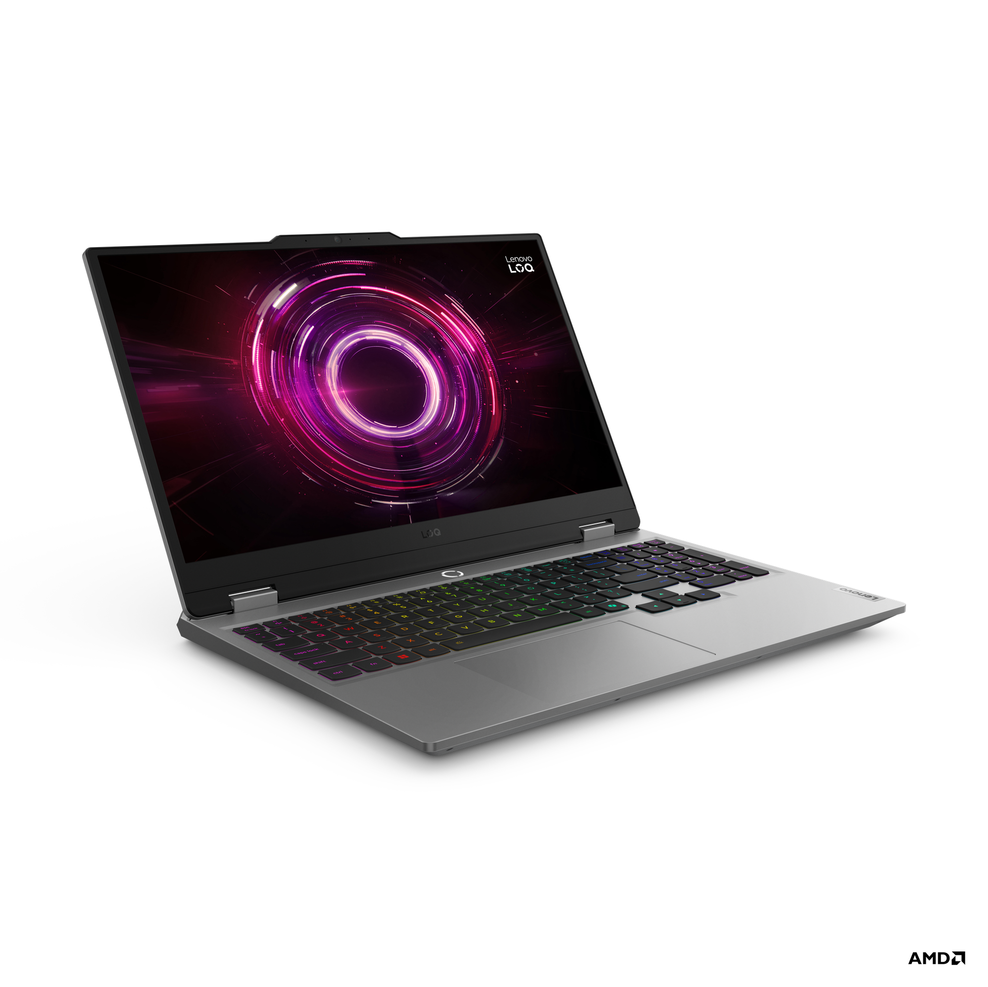Ein silberner Laptop mit beleuchteter Tastatur und abstraktem Hintergrund.