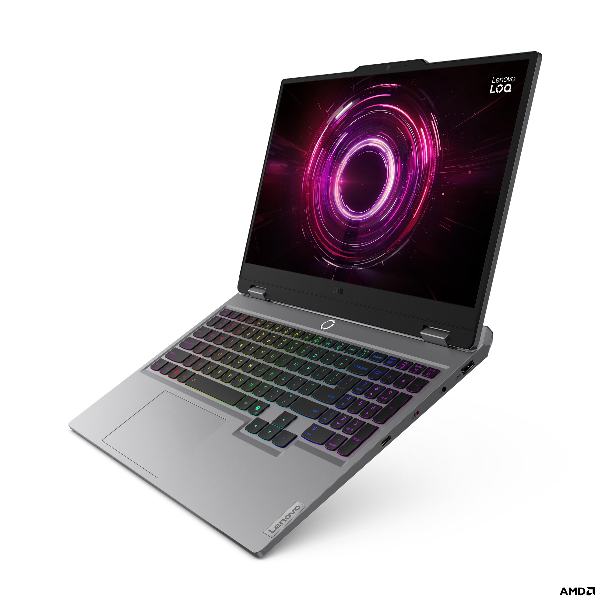 Ein silberner Lenovo Laptop mit einer leuchtenden mehrfarbigen Tastatur und einem lebendigen Bildschirm.