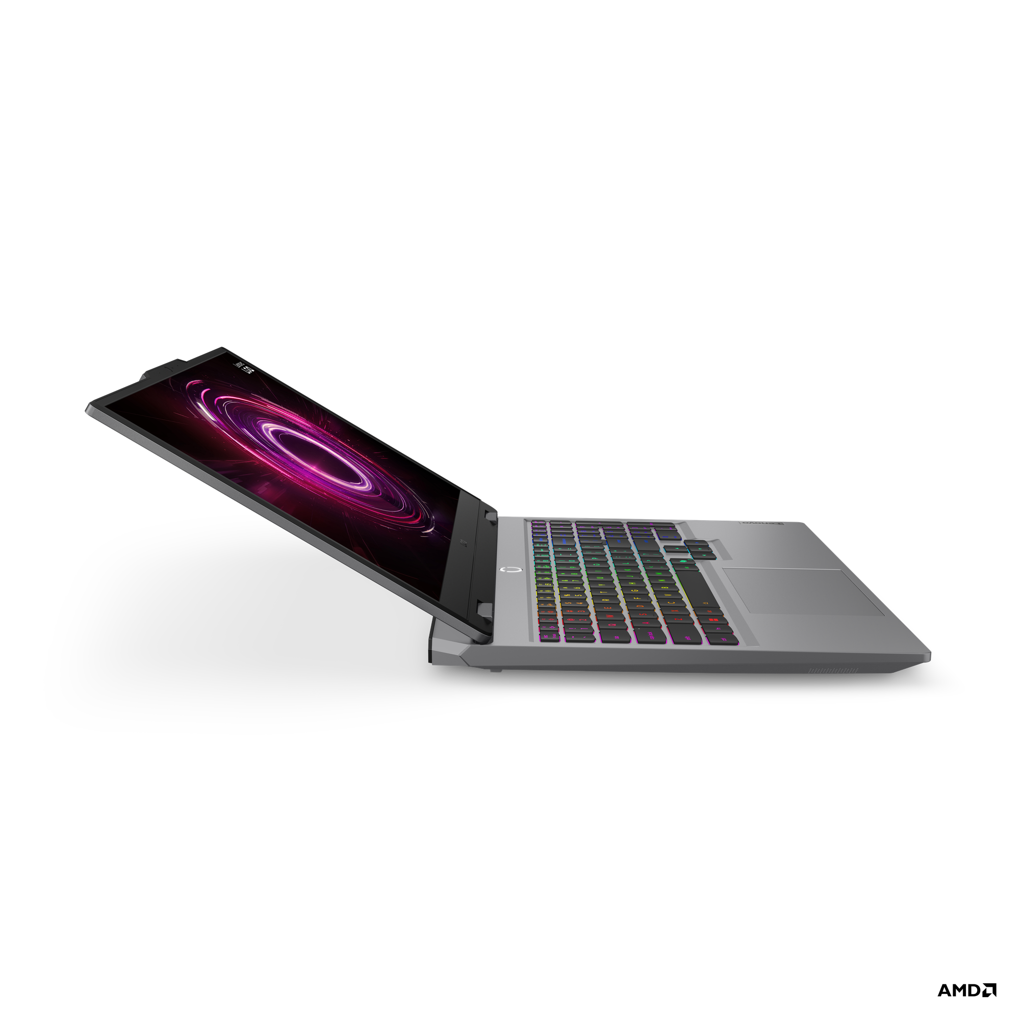 Ein silberner Laptop mit beleuchteter Tastatur und einem rosa-violetten Muster auf dem Bildschirm.