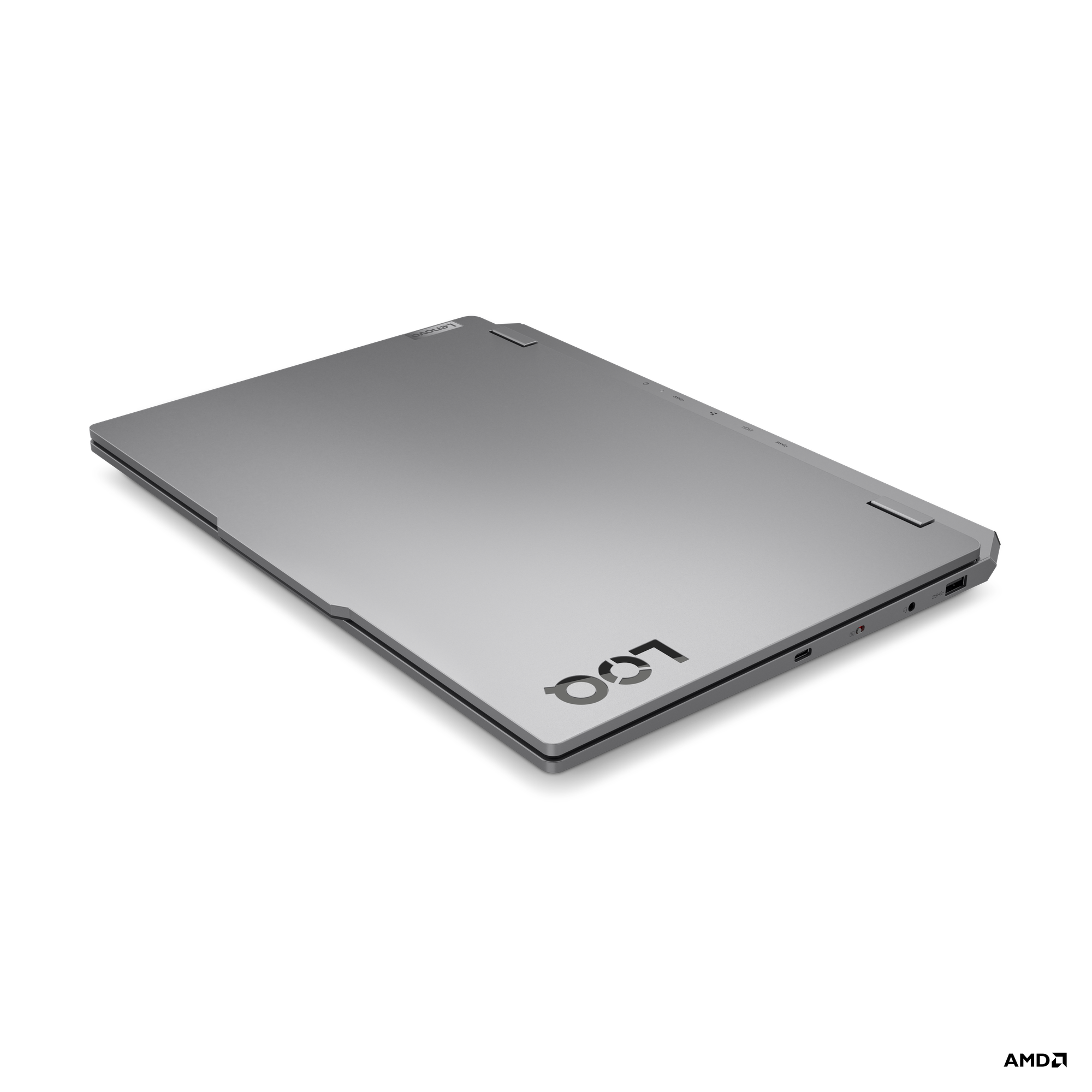 Silberner Laptop mit LCQ-Logo und Anschlüssen auf schwarzem Hintergrund.