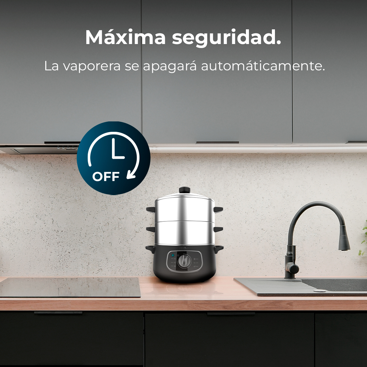 Vaporera de dos niveles con icono "OFF" y texto en español.