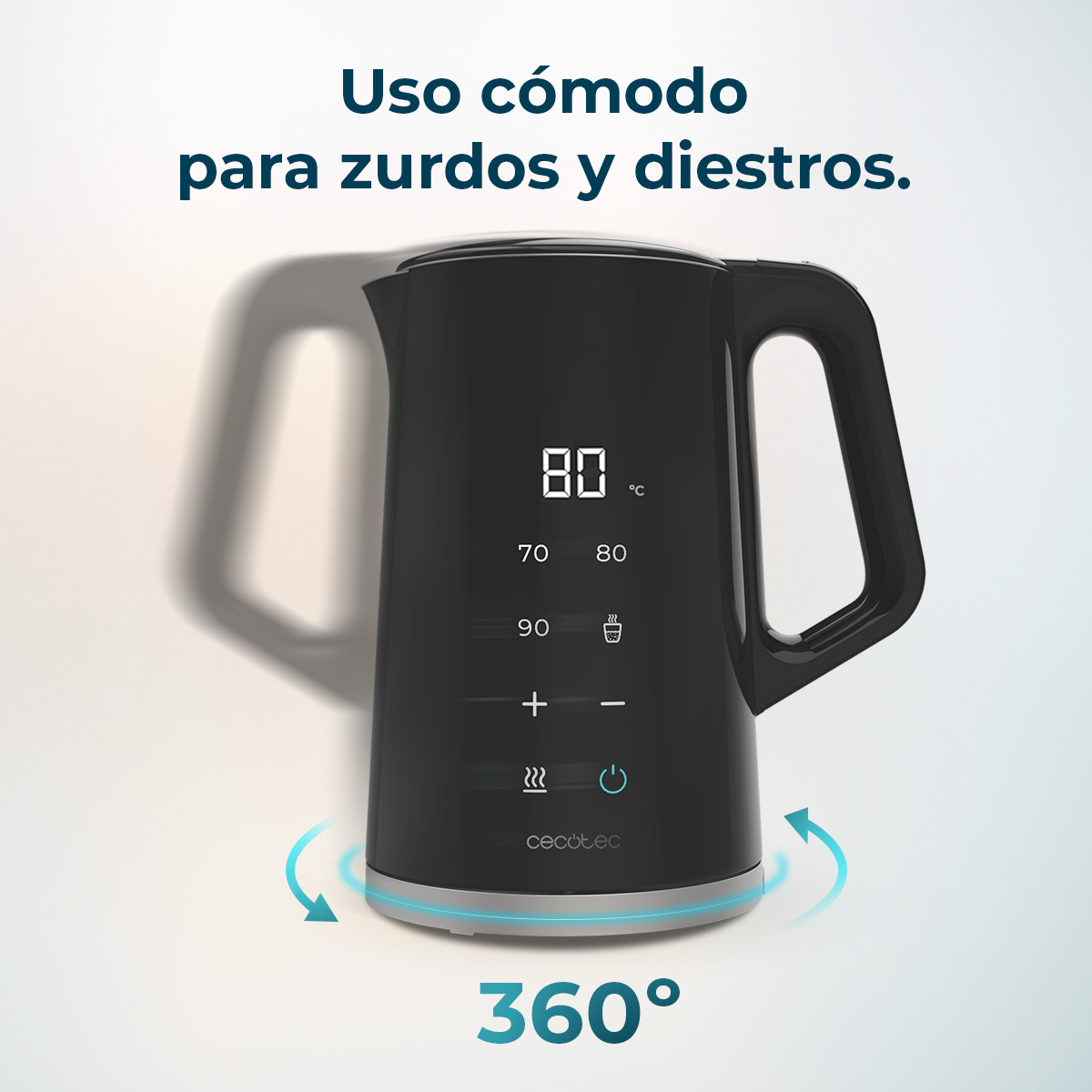 Olla eléctrica negra con pantalla digital, gira 360 grados.