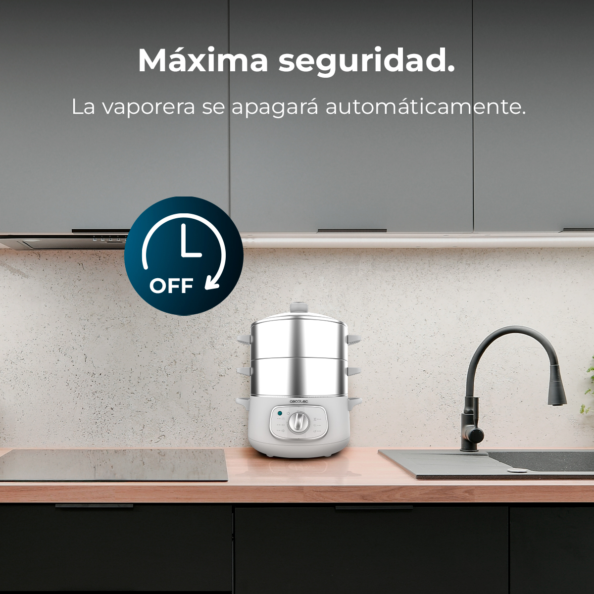 Vaporera de 2 niveles con grifo y fregadero. Temporizador en OFF.