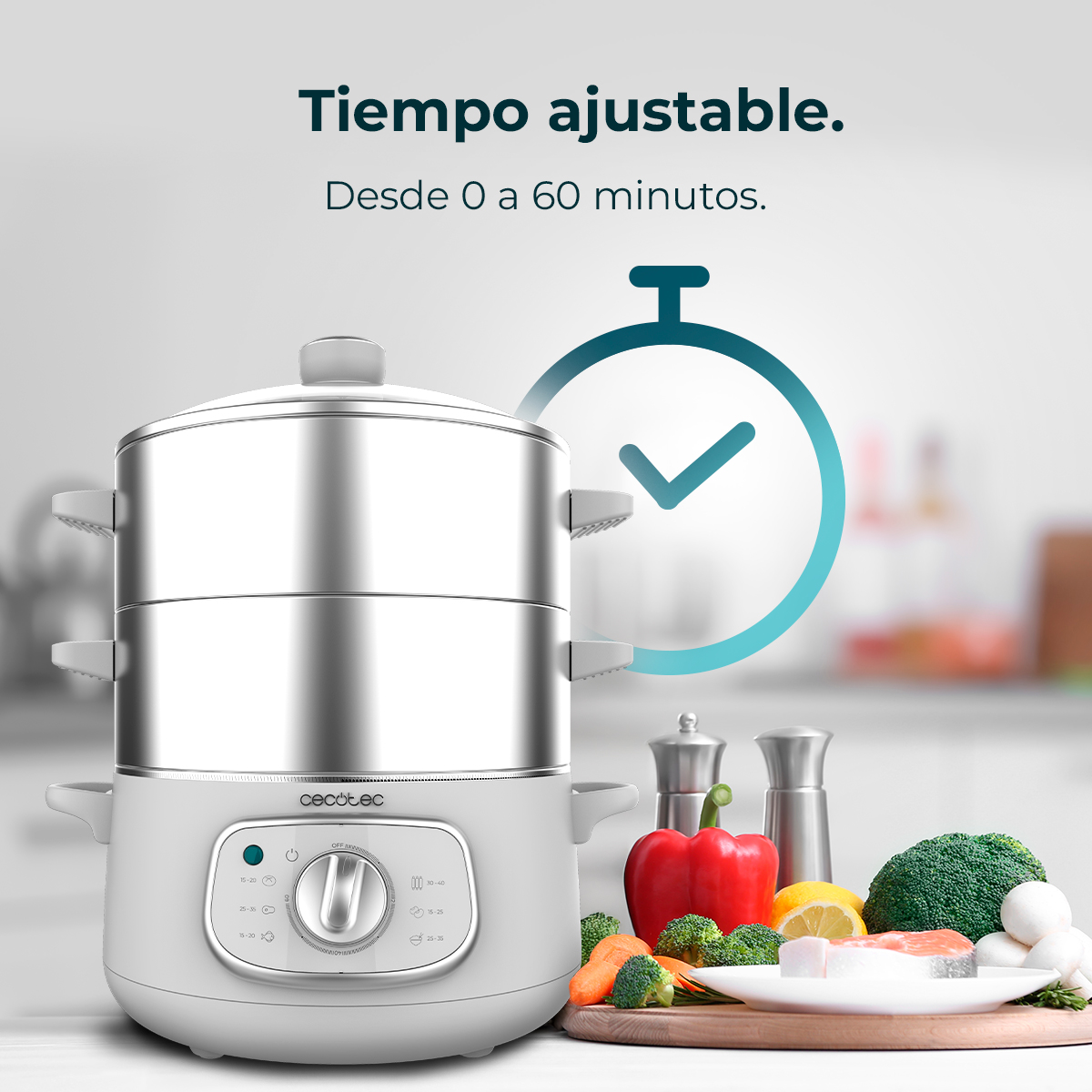 Una vaporera blanca de tres niveles junto a verduras frescas y pescado.