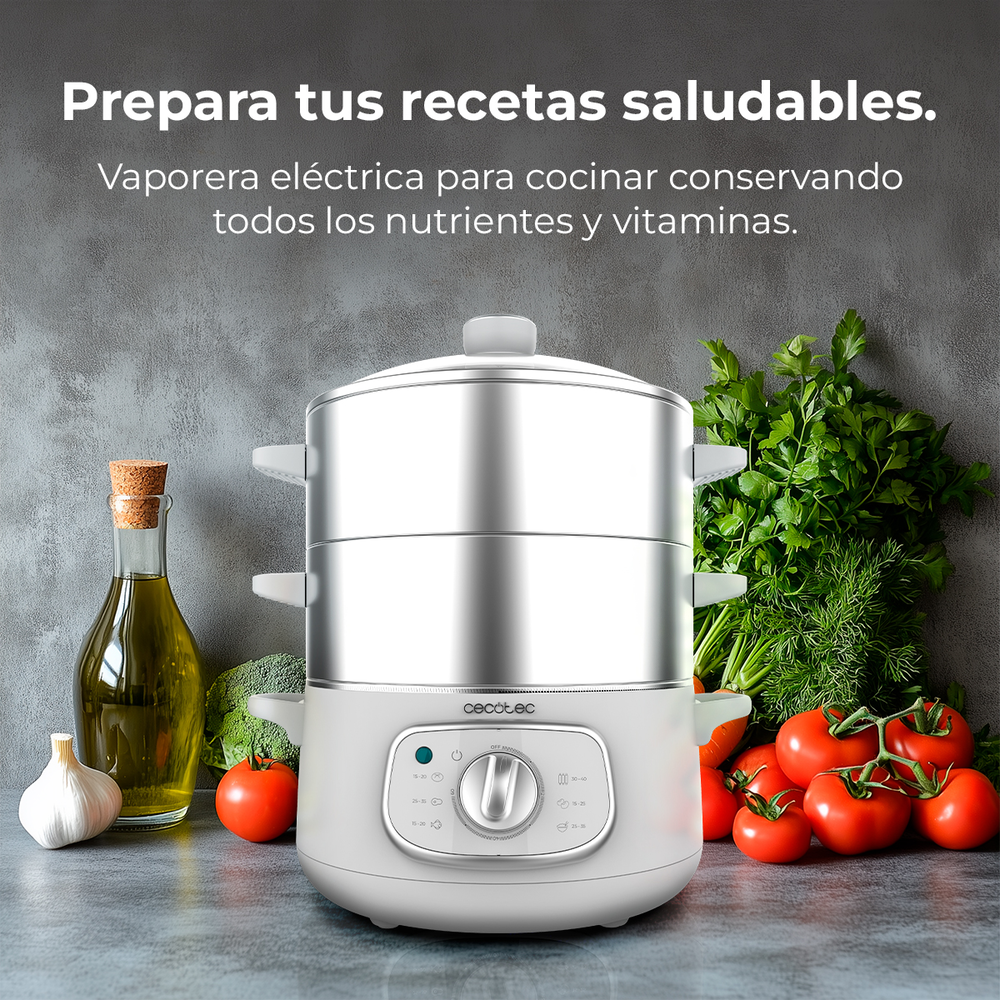 Vaporera | Cecotec Vapovita SteelPot White, 1300 W, 3 recipientes de acero inoxidable, Capacidad 10 L, Temporizador 60 min, Apagado automático, Blanco