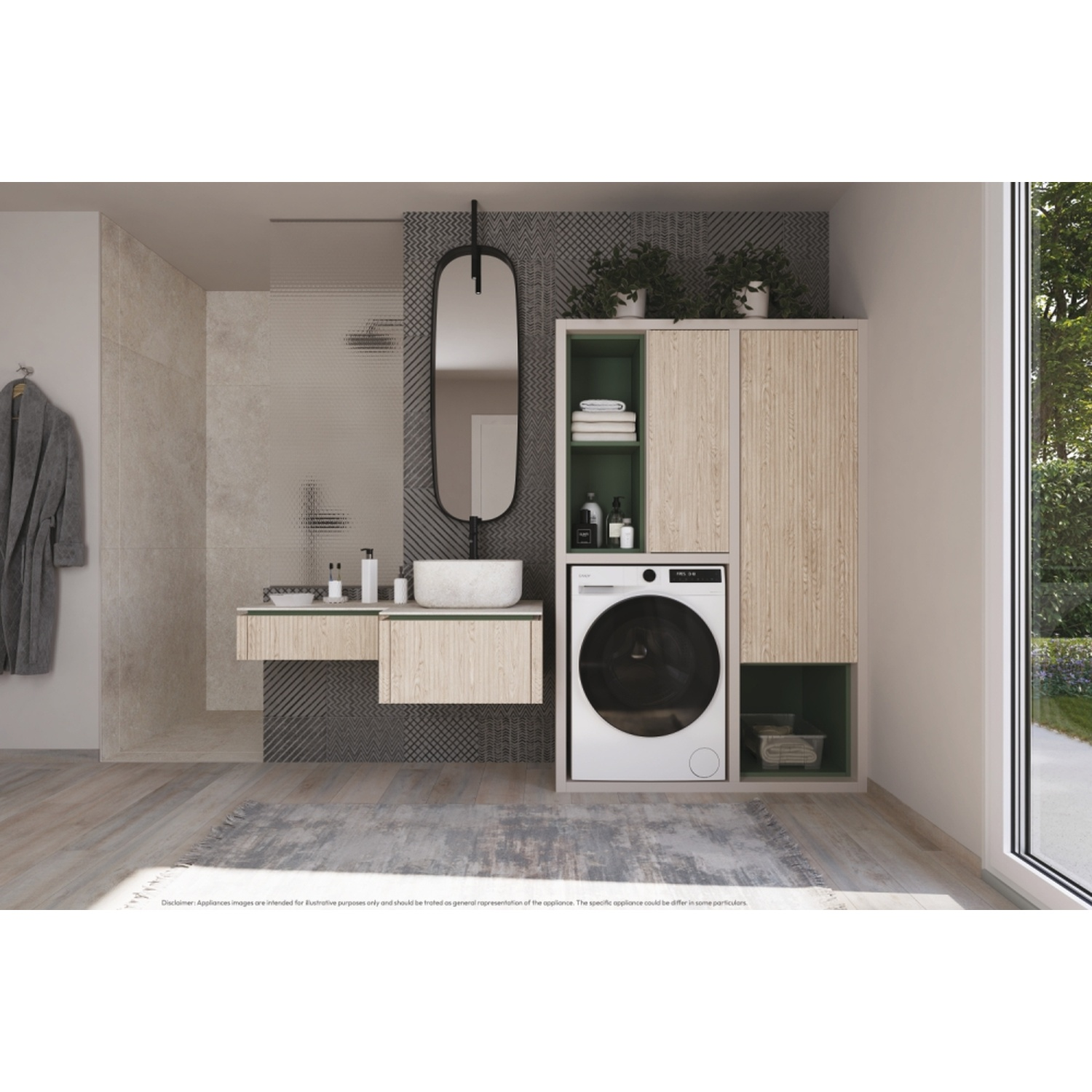 Bagno moderno con lavatrice, lavandino e zona doccia.