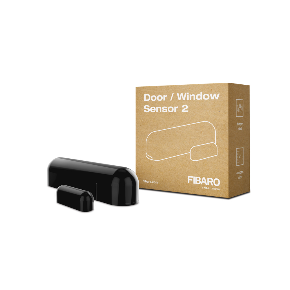Schwarzer Fibaro Tür-/Fenstersensor 2 und seine Verpackung auf weißem Hintergrund.