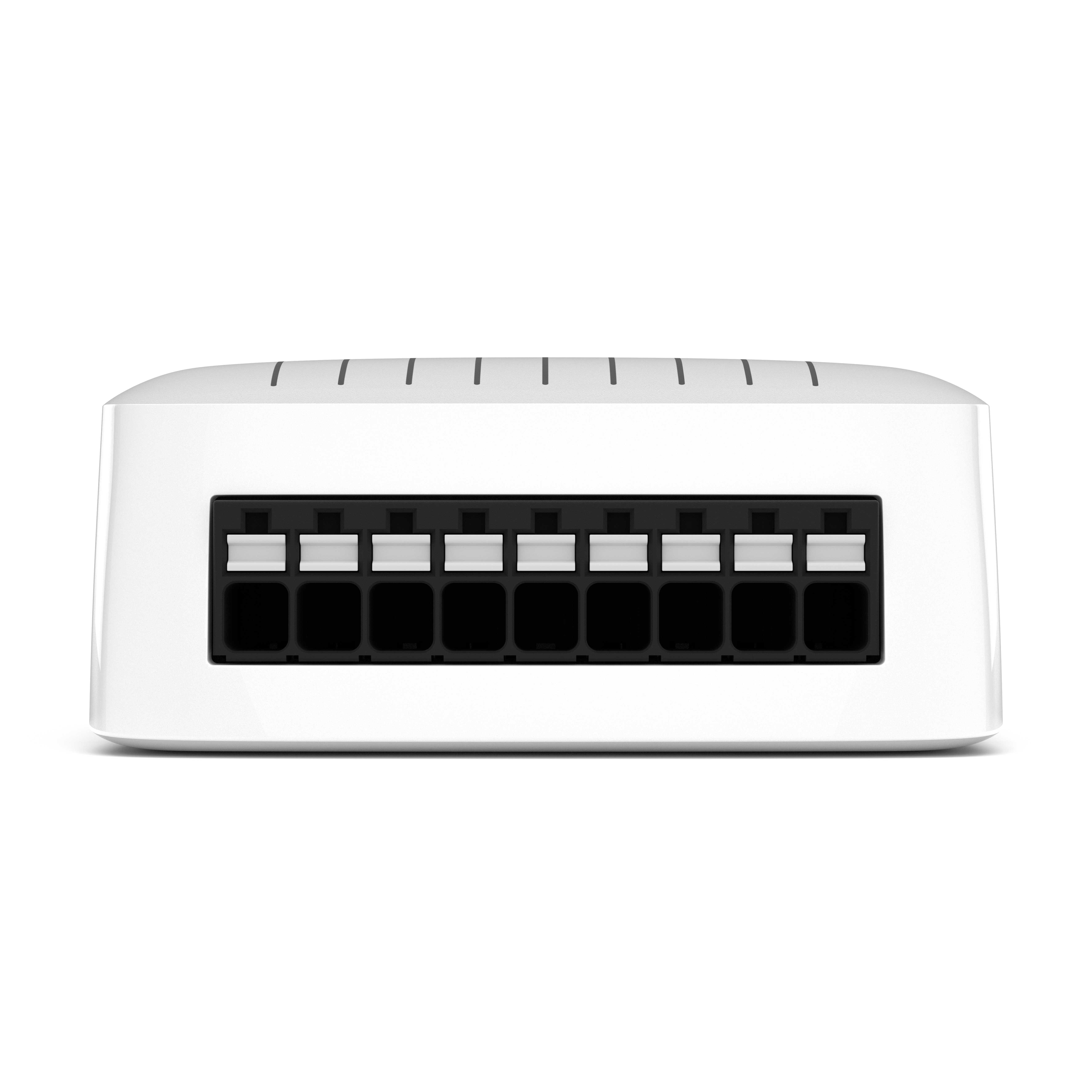 Ein weißer Netzwerk-Switch mit acht Anschlüssen auf weißem Hintergrund.