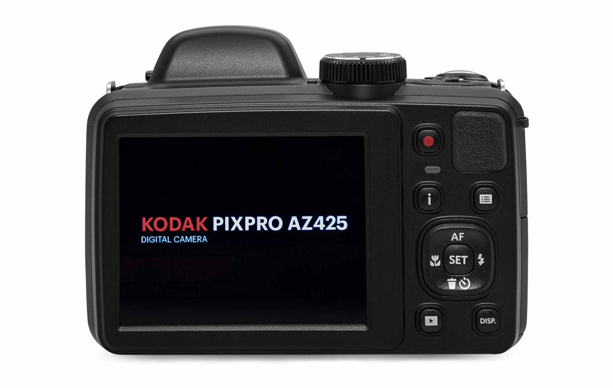 Vue arrière d'un appareil photo numérique Kodak Pixpro AZ425 noir montrant l'écran LCD.