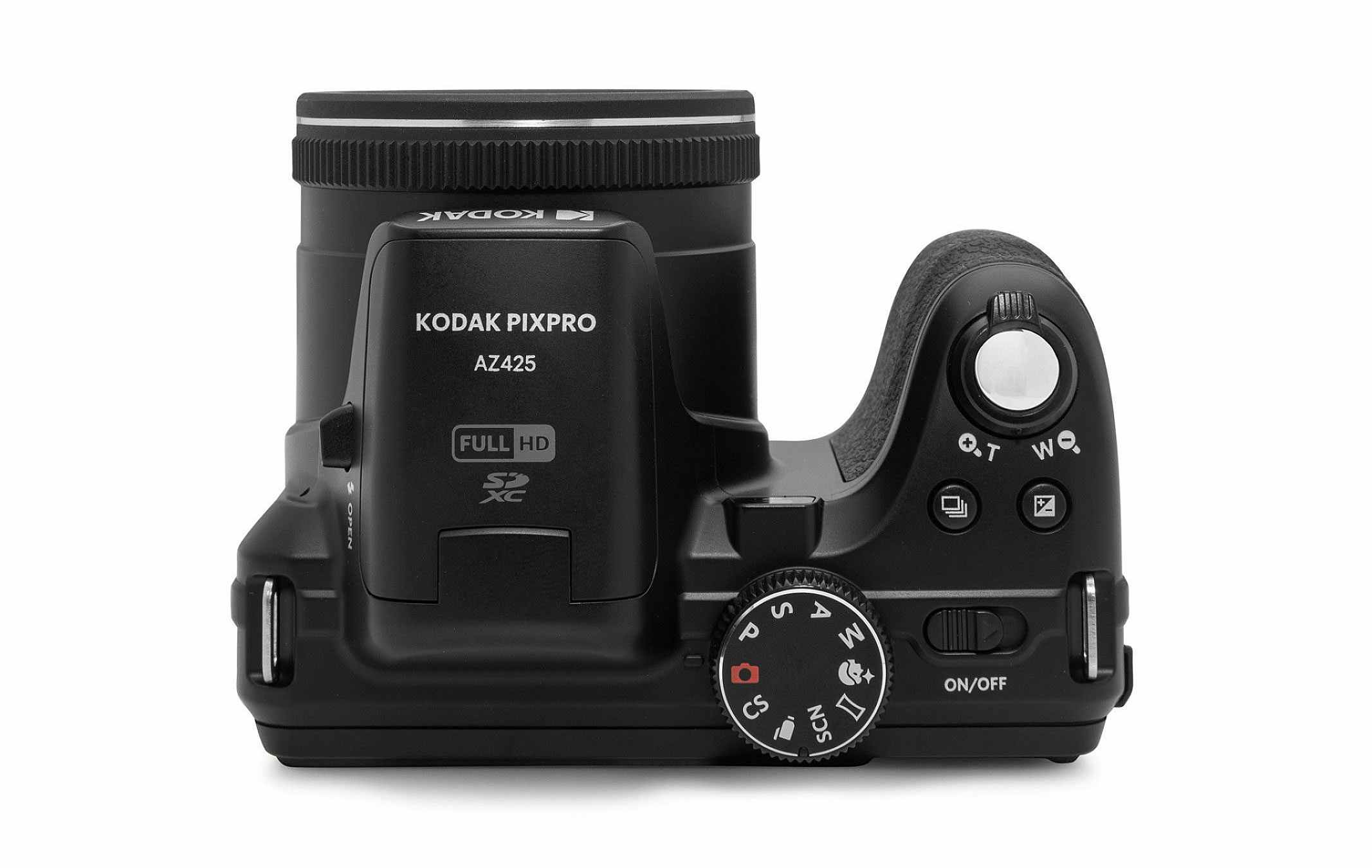 Gros plan d'un appareil photo Kodak Pixpro AZ425 noir, axé sur ses commandes.