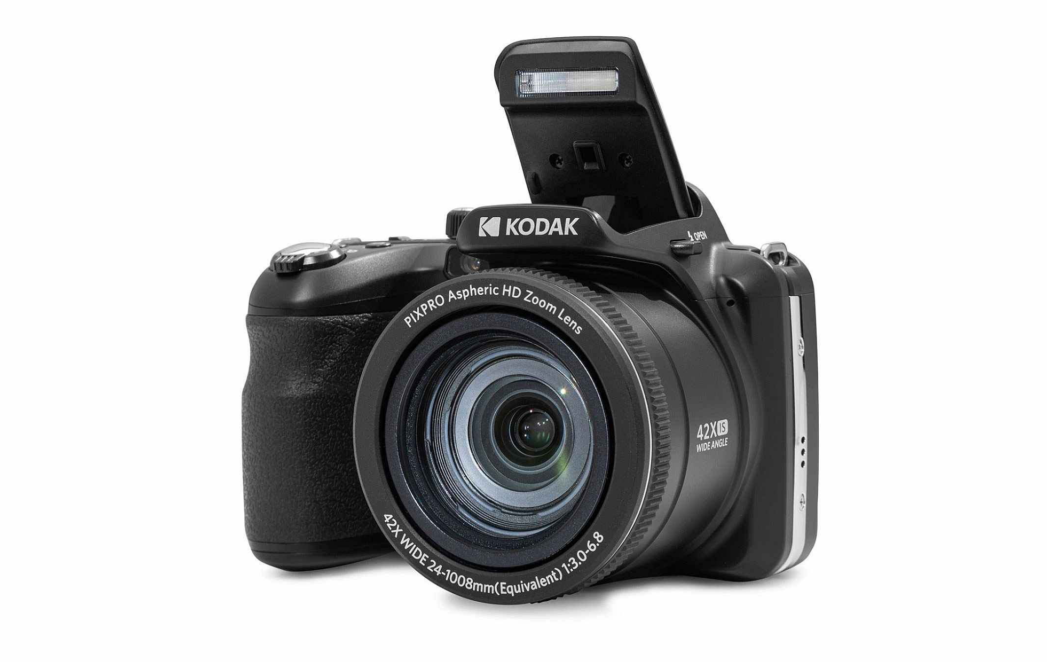 Un appareil photo numérique Kodak noir avec flash relevé et objectif zoom déployé.