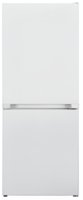 Biała lodówka z zamrażarką, z srebrną rączką z przodu.