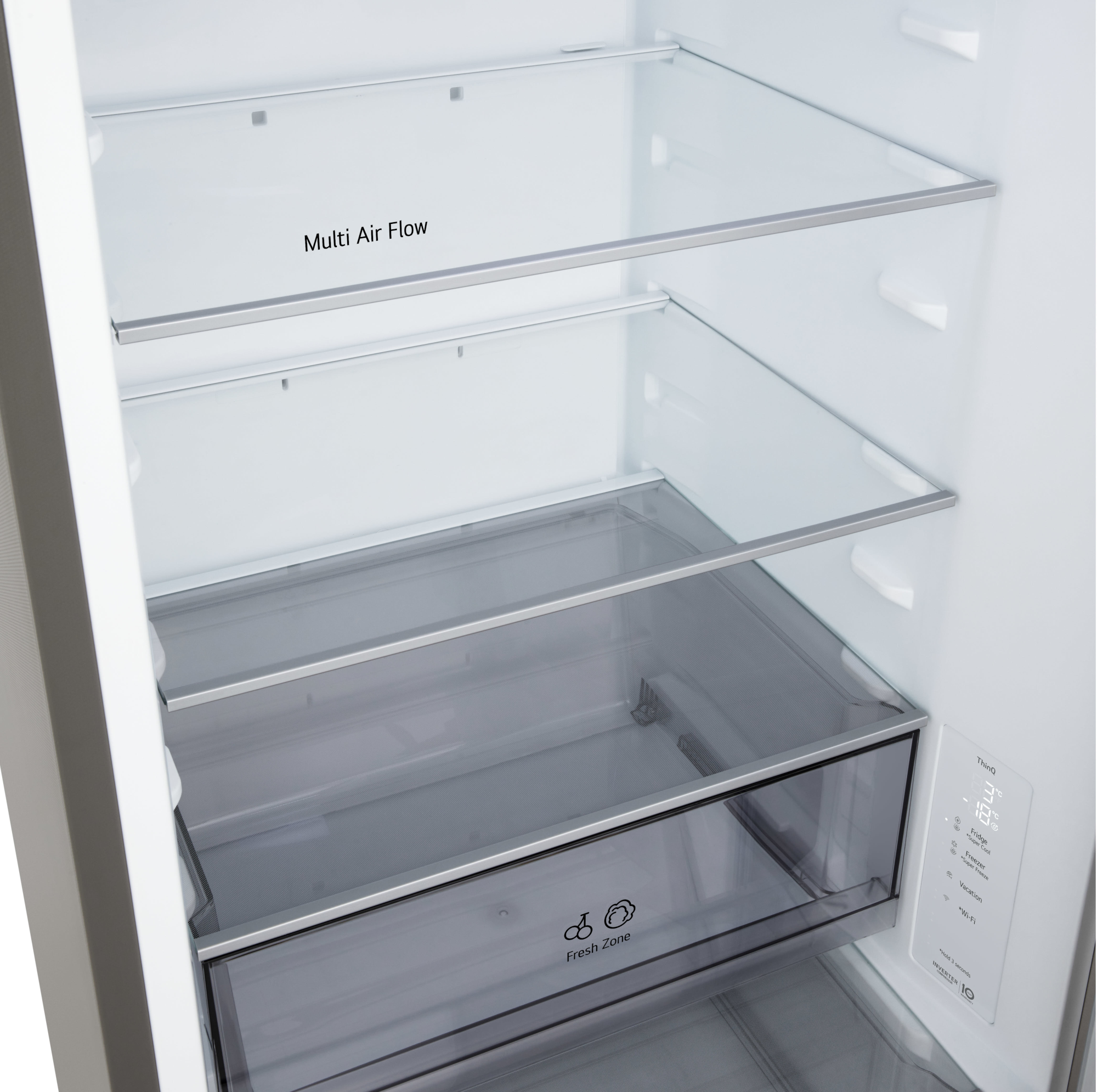 Üres hűtőszekrény üvegpolcokkal és Fresh Zone fiókkal. Multi Air Flow funkcióval.