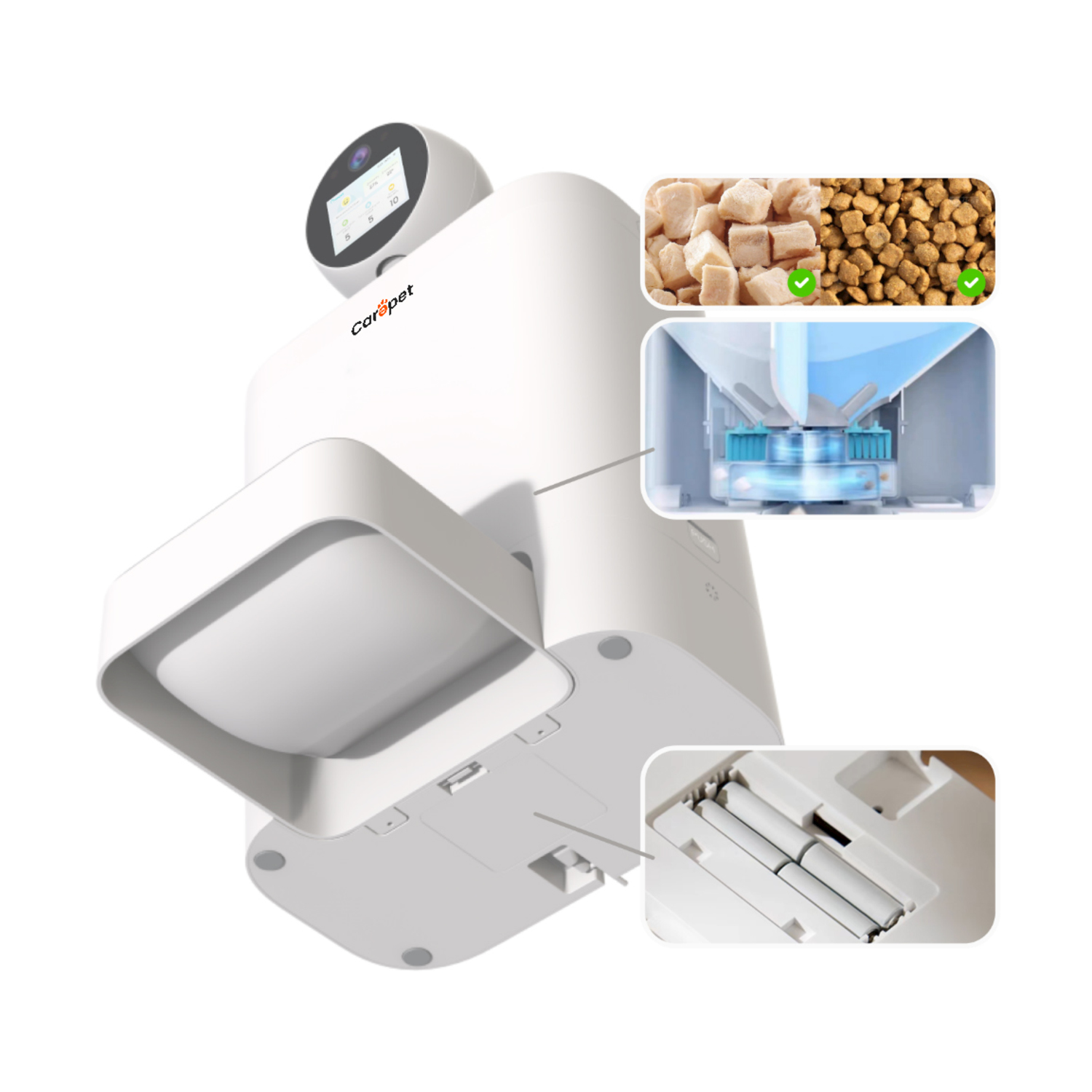 Una mangiatoia automatica bianca con schermo, opzioni di cibo e vano batteria.