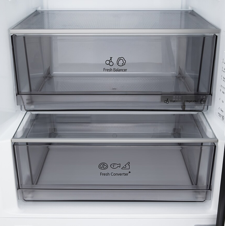 Két átlátszó hűtőfiók: 'Fresh Balancer' és 'Fresh Converter' felirattal.