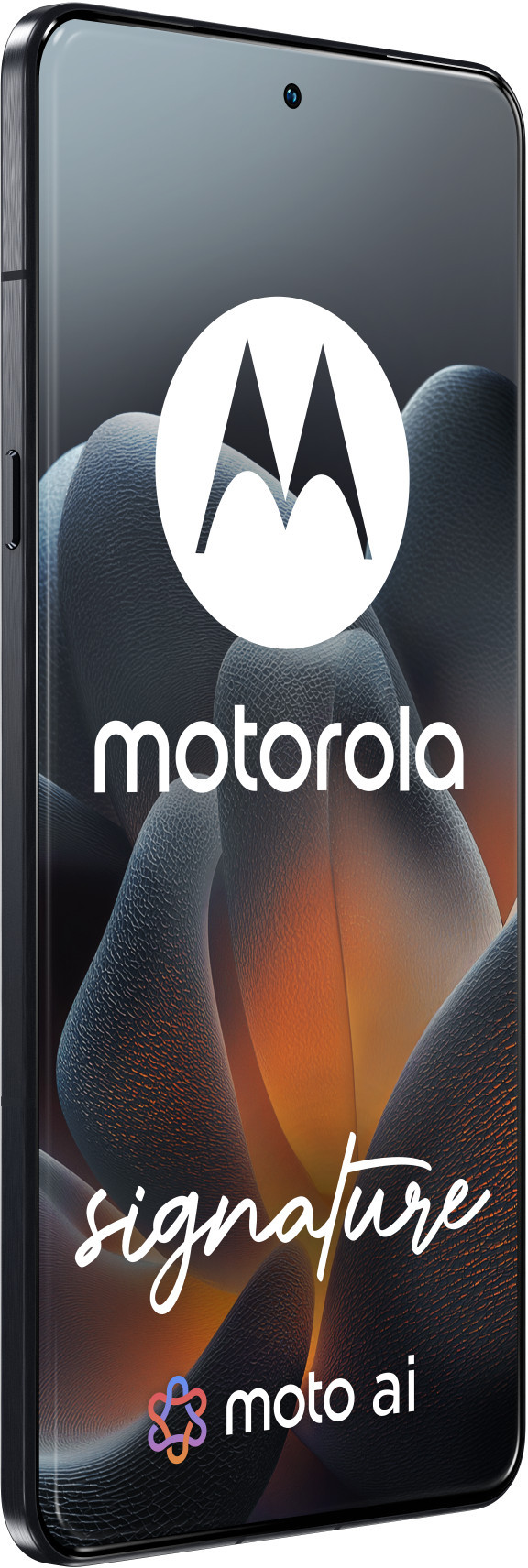 Smartfon Motorola z logo Moto AI i napisem 'signature'.