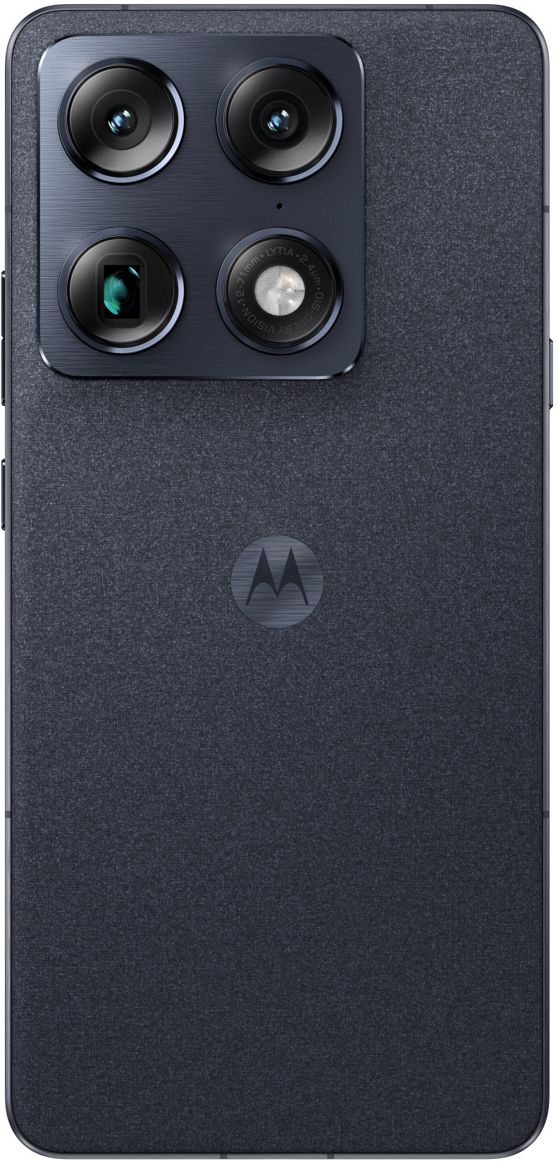Ciemnoniebieski smartfon z czterema aparatami i logo Motorola.