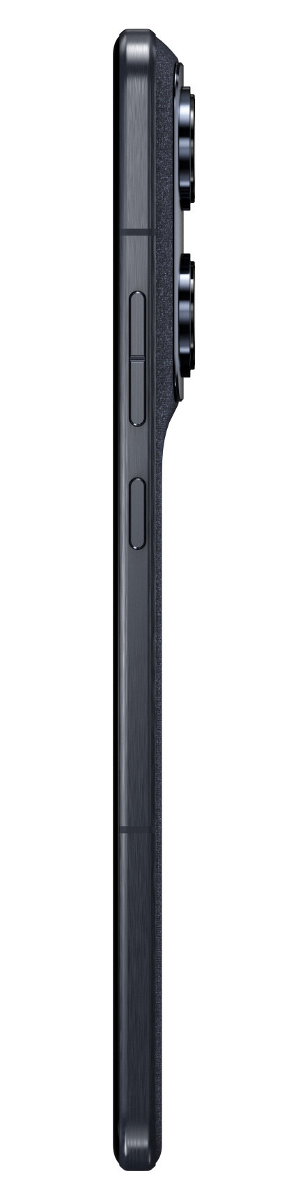 Ciemnoszary smartfon, widok z boku z aparatami i przyciskami.