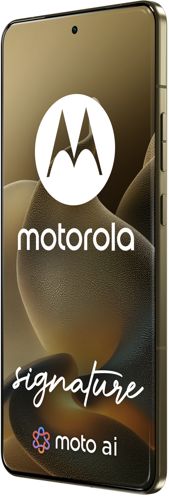 Smartfon Motorola z napisem i logo "signature moto ai" na złotym tle.