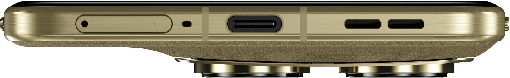 Zbliżenie na dolną krawędź złotego smartfona, pokazujące port USB-C.